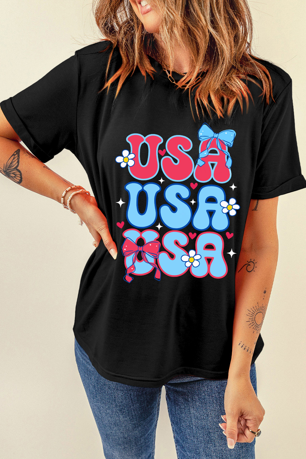 Black July 4th Cute Flower Bow USA Letter Graphic Tee - loveforevers
