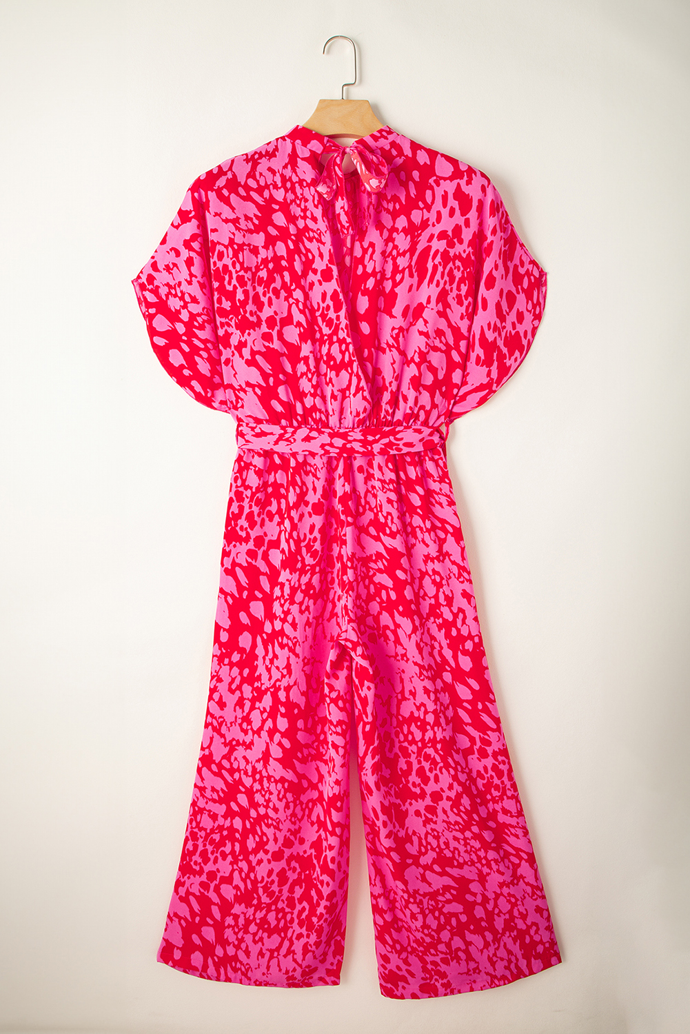 Rose Leopard Loose Sleeve Belted Wide Leg Jumpsuit - loveforevers