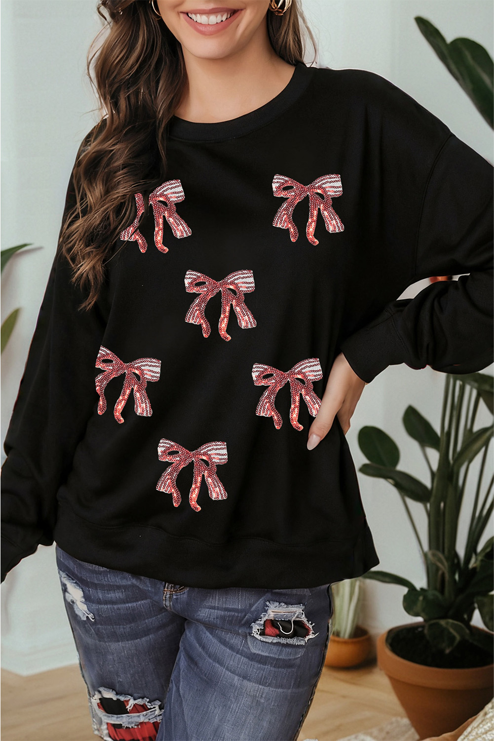 Black Christmas Fashion Sequin Ribbon Bow Patched Drop Shoulder Sweatshirt - loveforevers