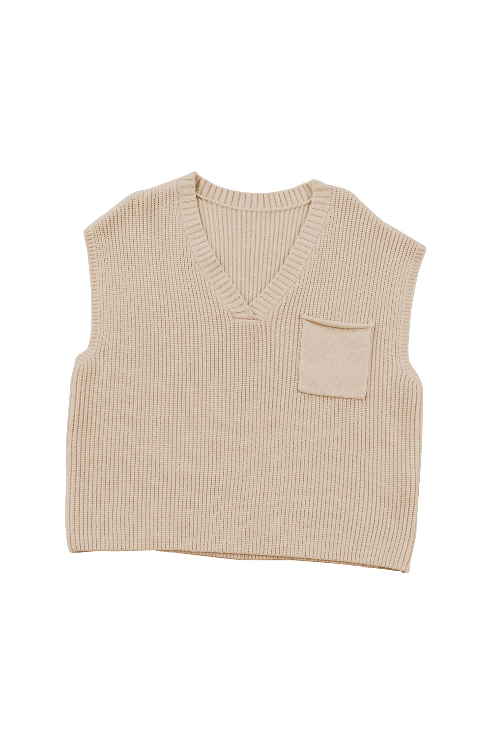 Apricot Chest Pocket V Neck Ribbed Cap Sleeve Sweater - loveforevers