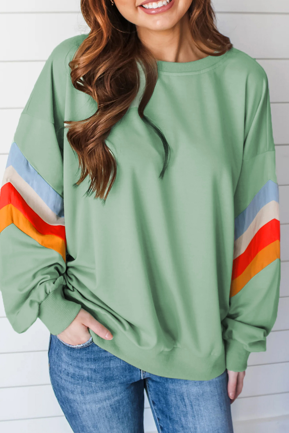 Moonlight Jade Rainbow Striped Sleeve Crew Neck Loose Sweatshirt - loveforevers
