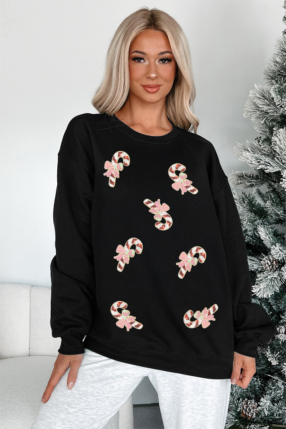 Black Christmas Candy Cane Sequin Patch Baggy Sweatshirt - loveforevers