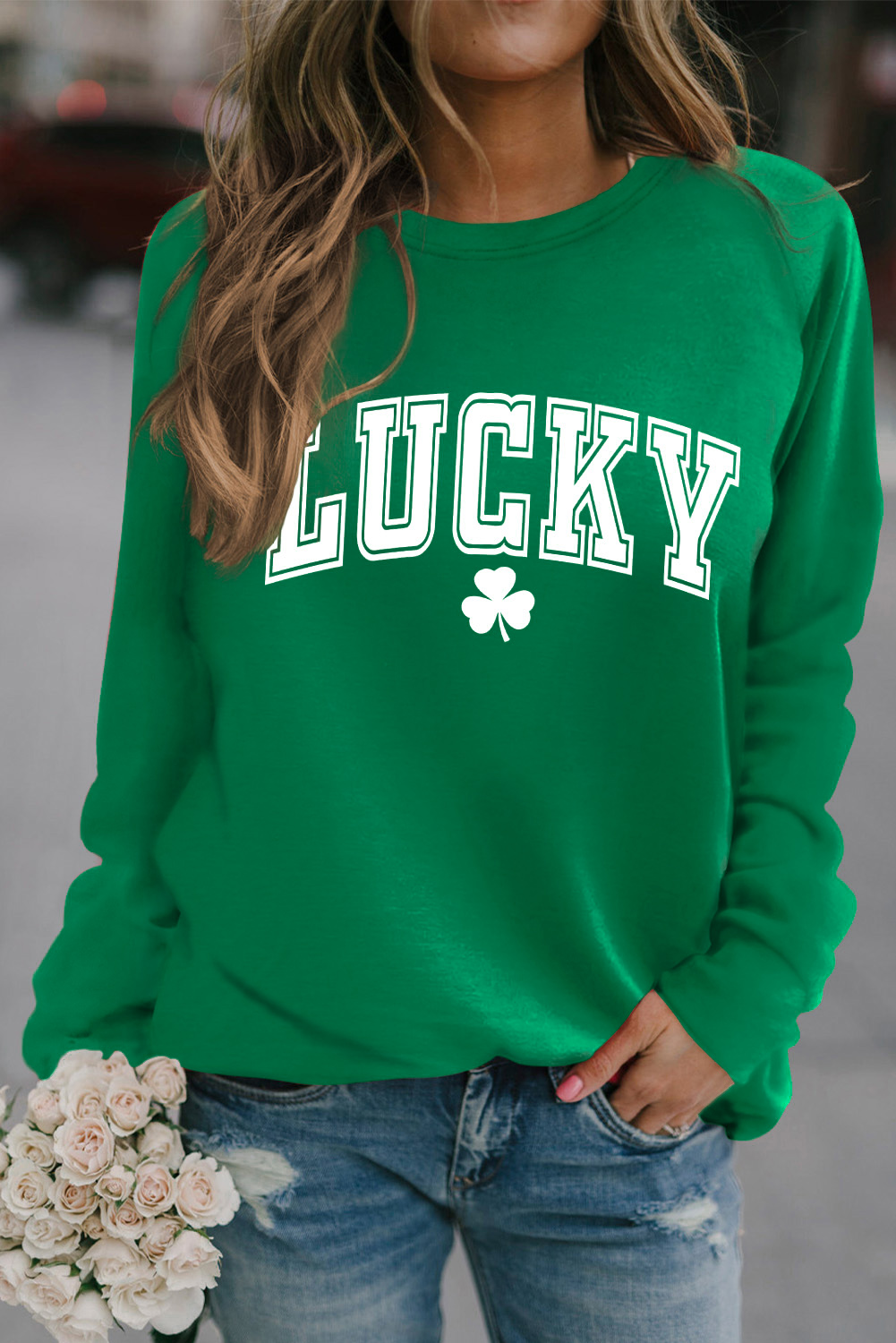 Green St. Patricks LUCKY Clover Print Raglan Sleeve Sweatshirt - loveforevers