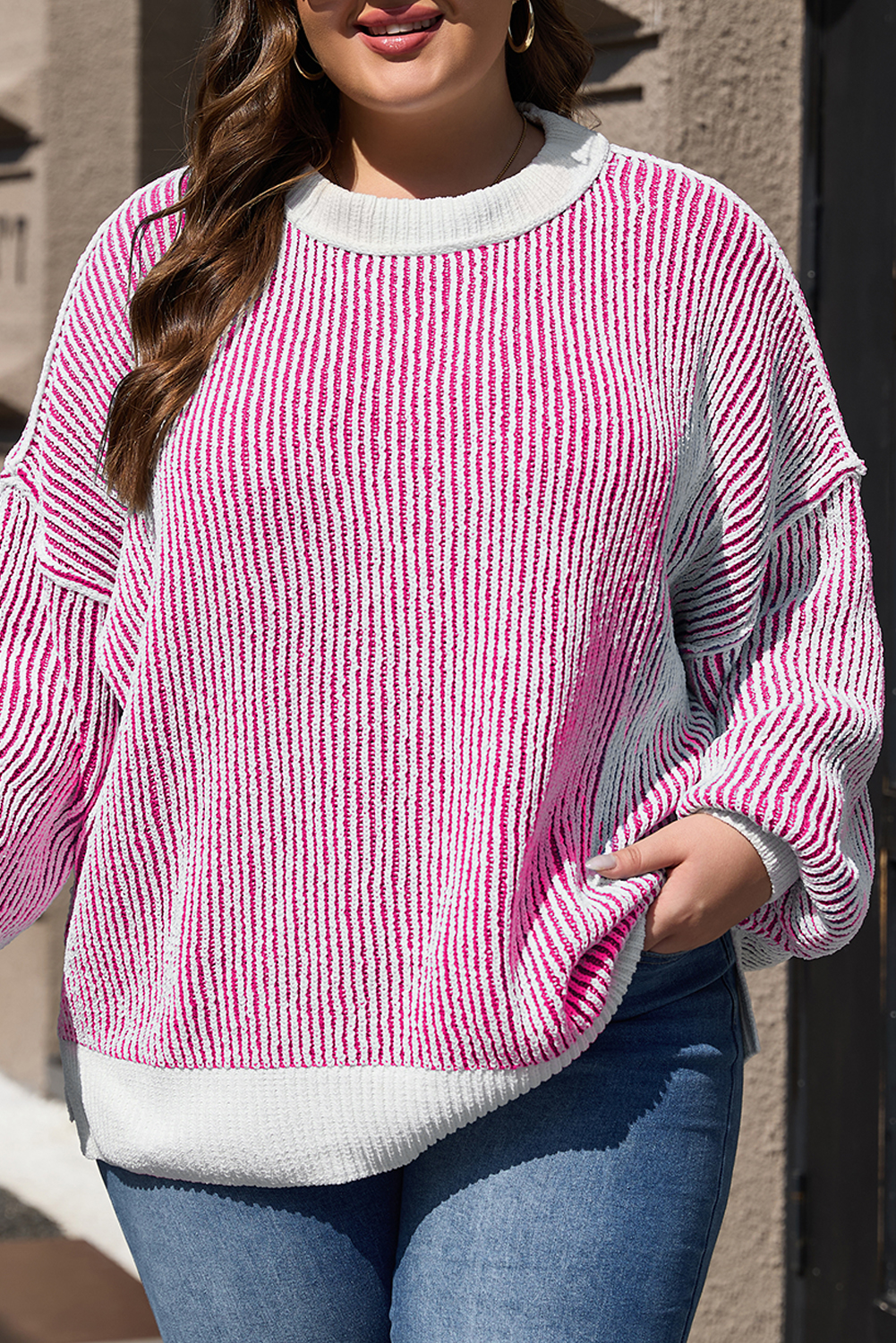 Bright Pink Striped Textured Knit Contrast Edge Loose Sweater - loveforevers