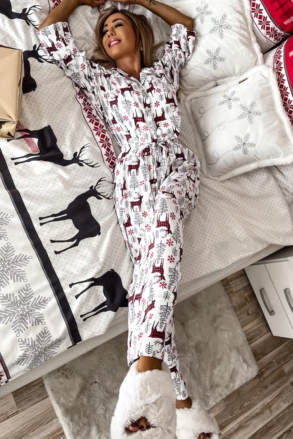 White Christmas Printed Shirt and Pants Pajama Set - loveforevers