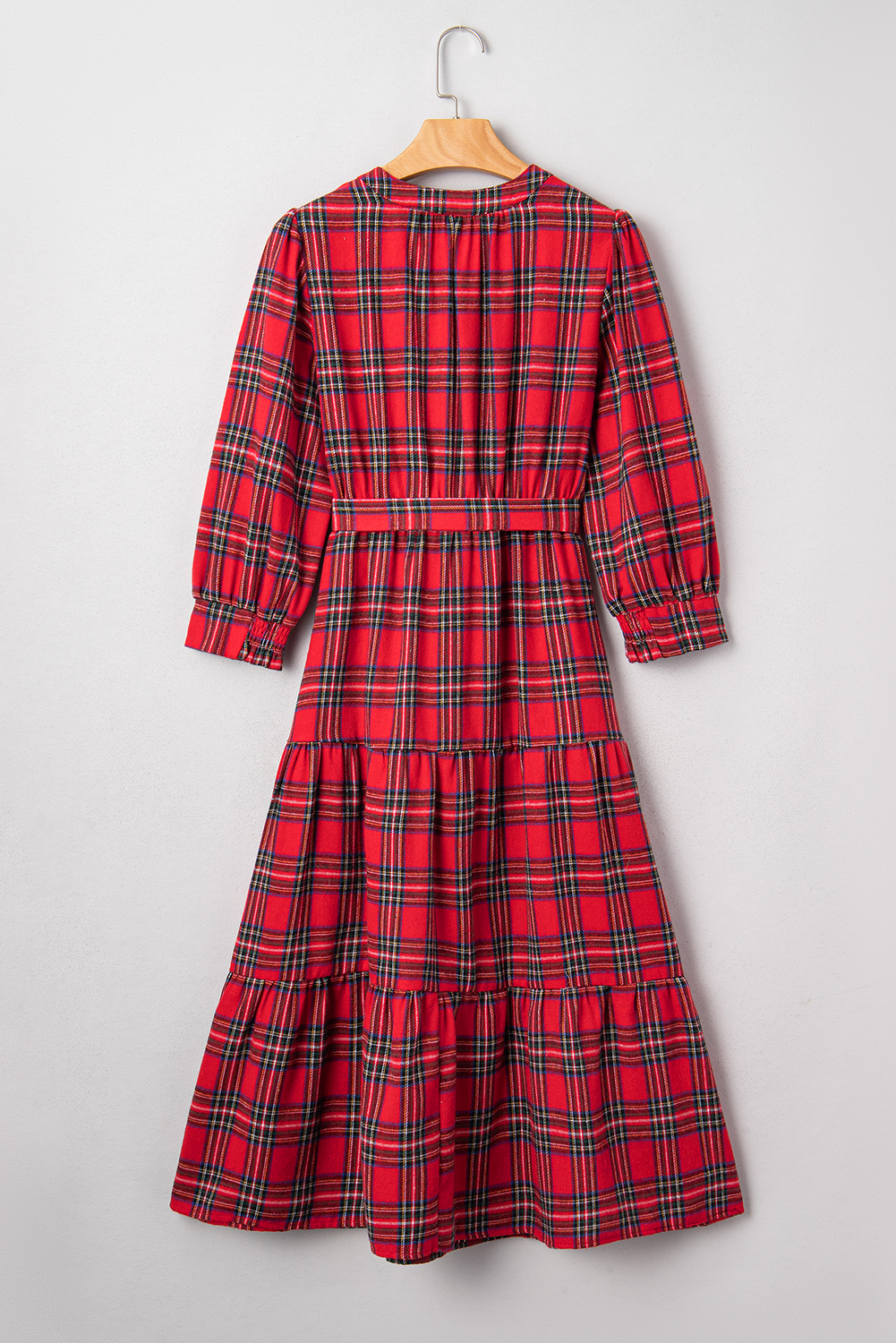 Red Christmas Plaid V Neck 3/4 Sleeve Tie Waist Ruffle Hem Long Dress - loveforevers
