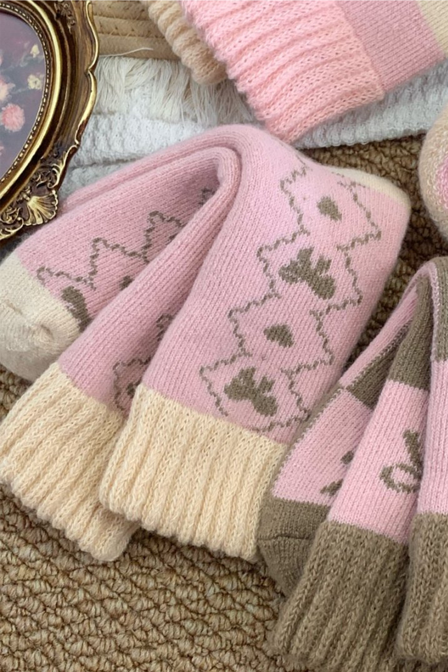 Pink Geometric Bow Heart Printed Ribbed Cuffs Winter Socks - loveforevers