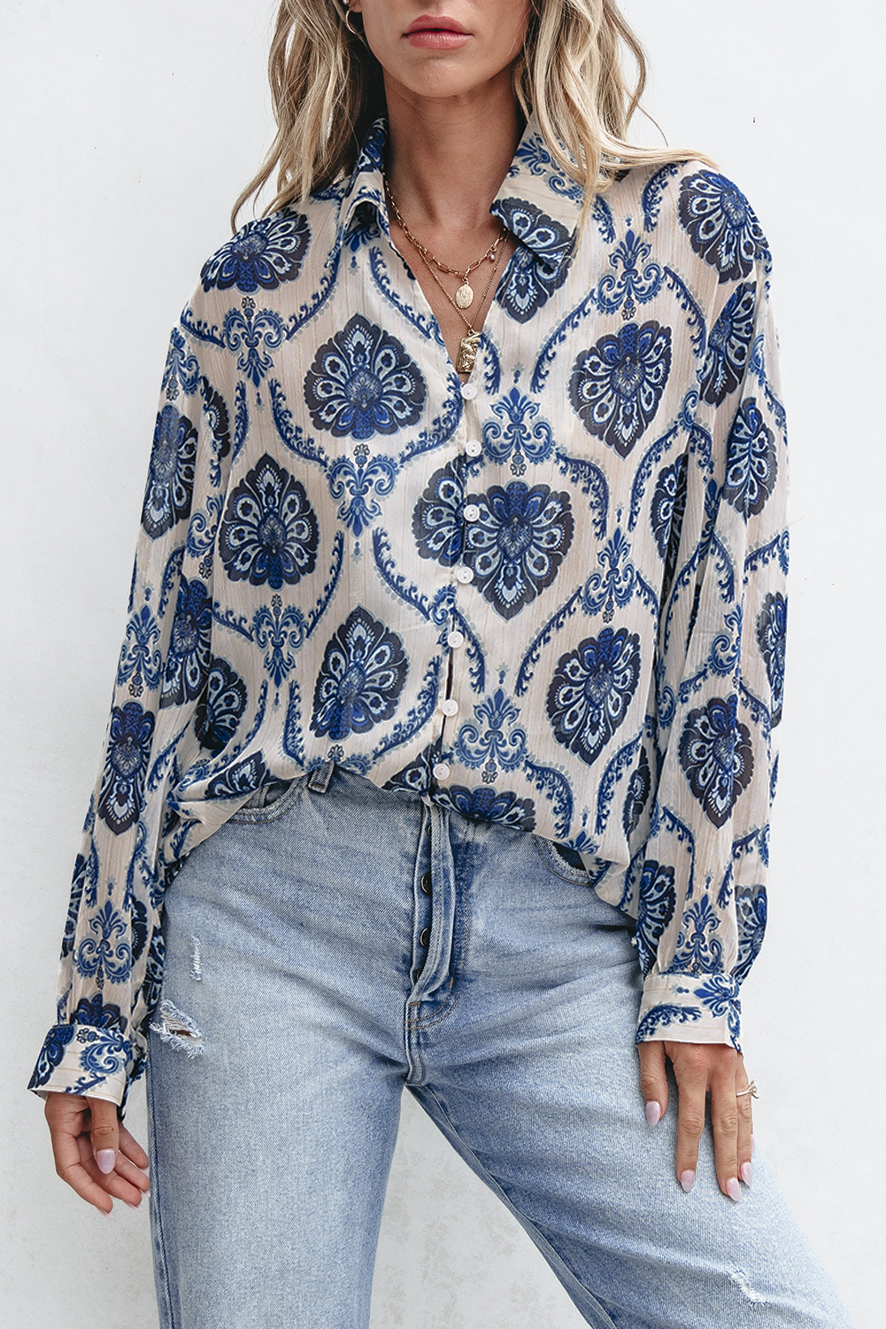 Blue Tribal Pattern Buttoned Front Loose Shirt - loveforevers