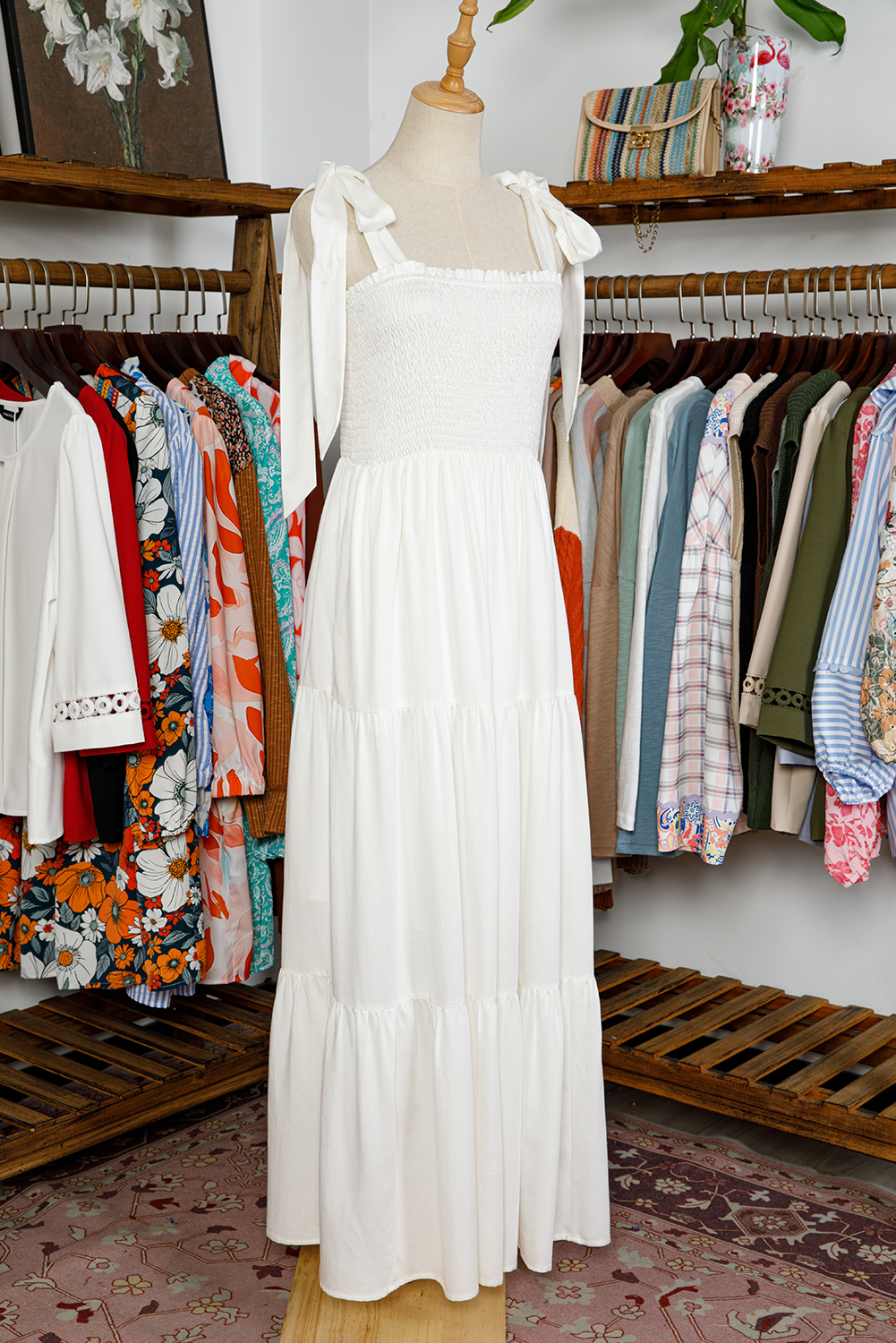 White Customizable Knot Straps Smocked Bodice Tiered Blank Maxi Dress - loveforevers
