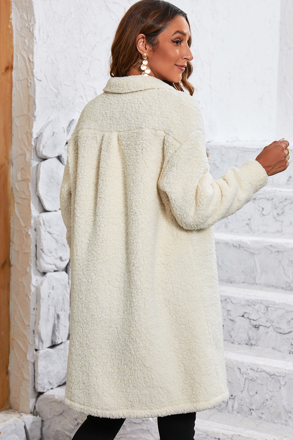 Beige Contrast Flap Pocket Single Breasted Teddy Coat - loveforevers