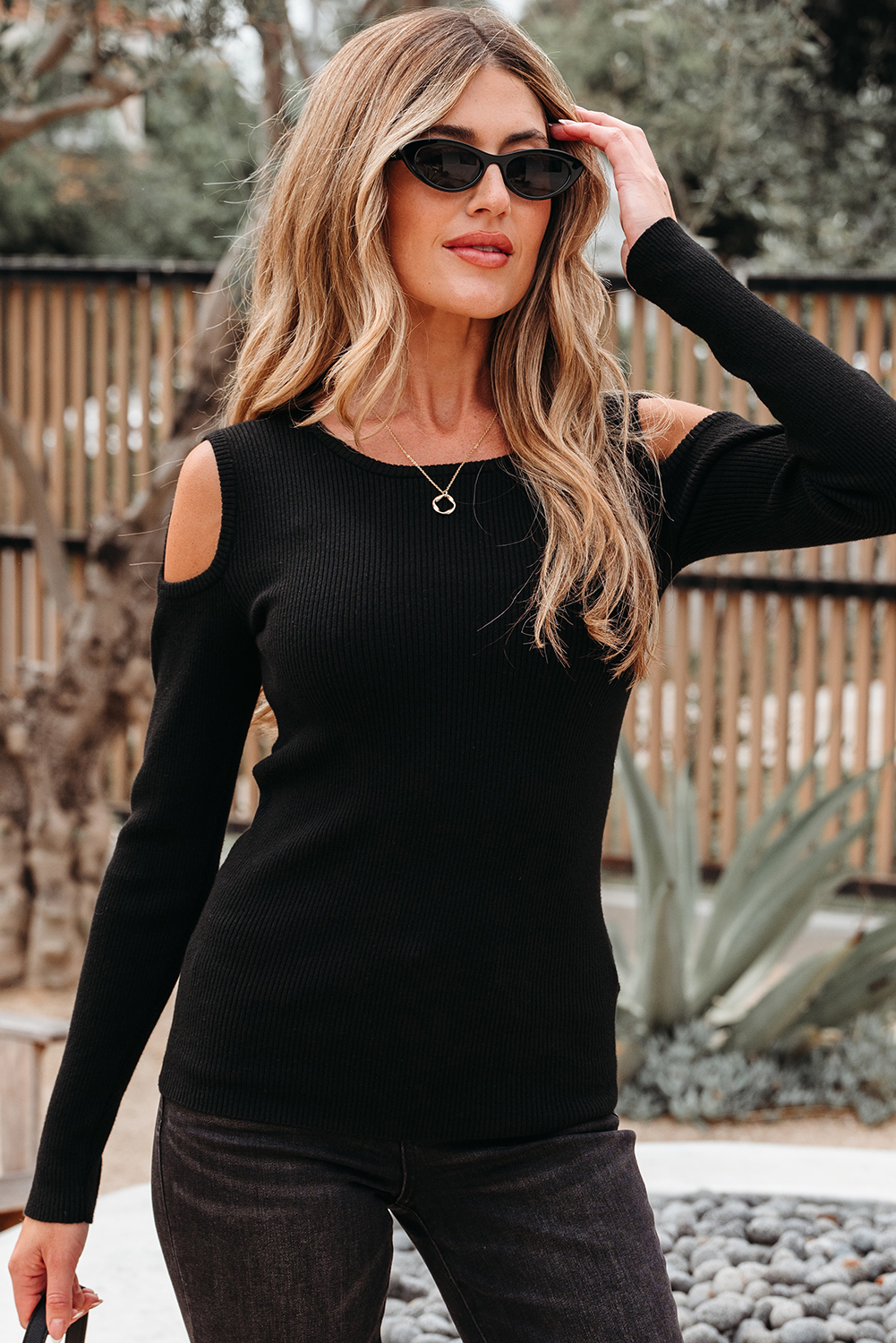 Black Ribbed Knit Cold Shoulder Sweater - loveforevers