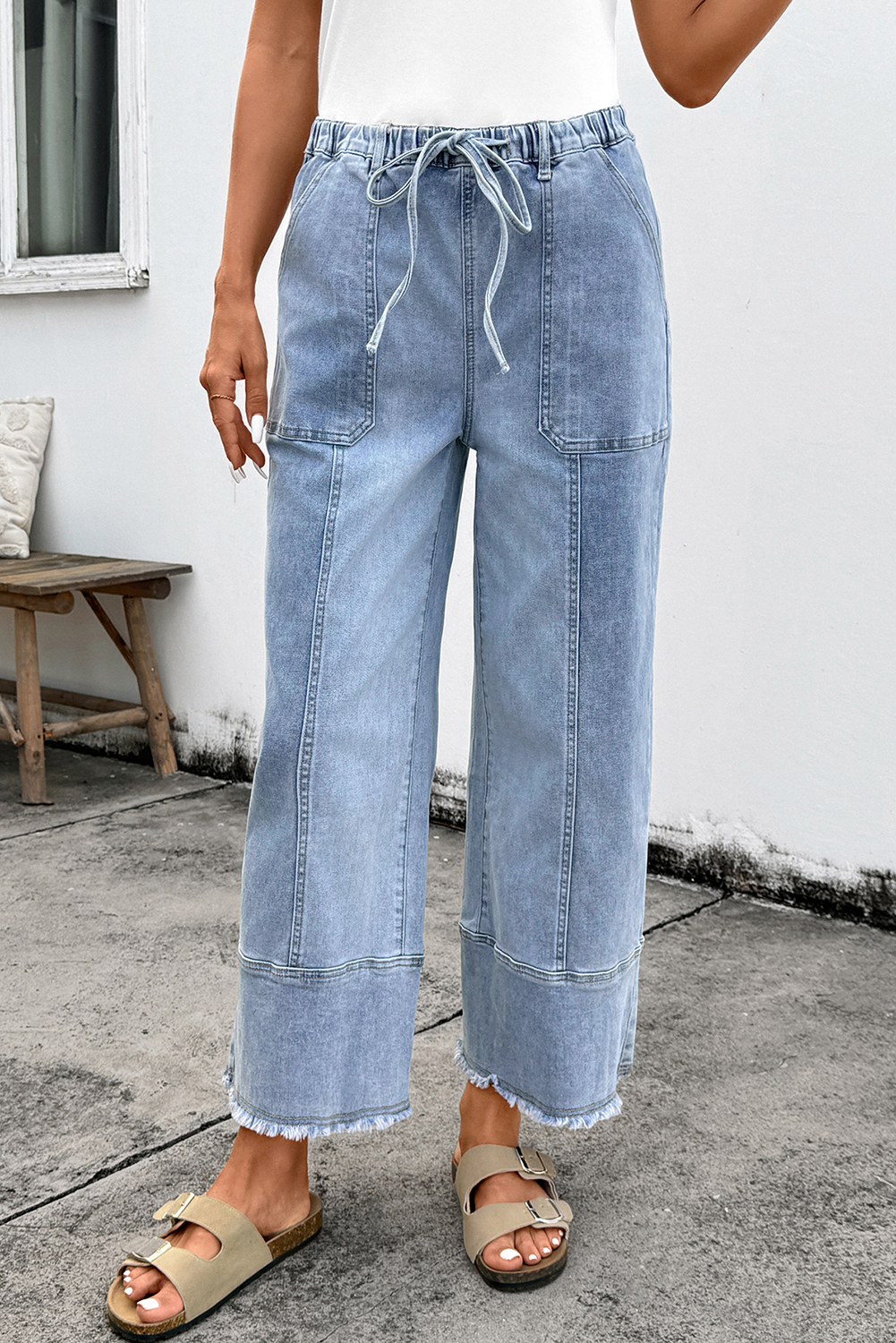 Beau Blue Drawstring Seam Detail Raw Hem Wide Leg Denim Pants - loveforevers