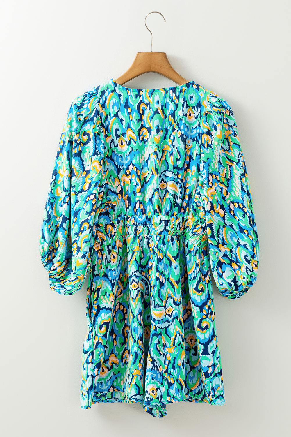 Green Abstract Print Puff Sleeve V Neck High Waist Romper - loveforevers