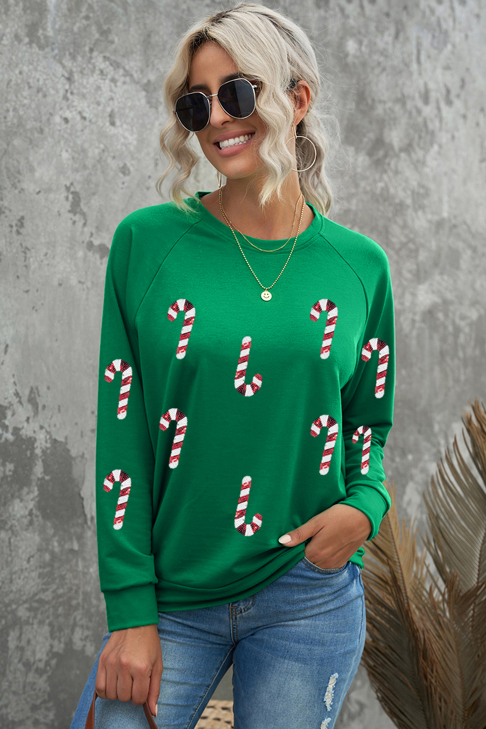 Green Sequin Christmas Candy Cane Graphic Crewneck Pullover Sweatshirt - loveforevers