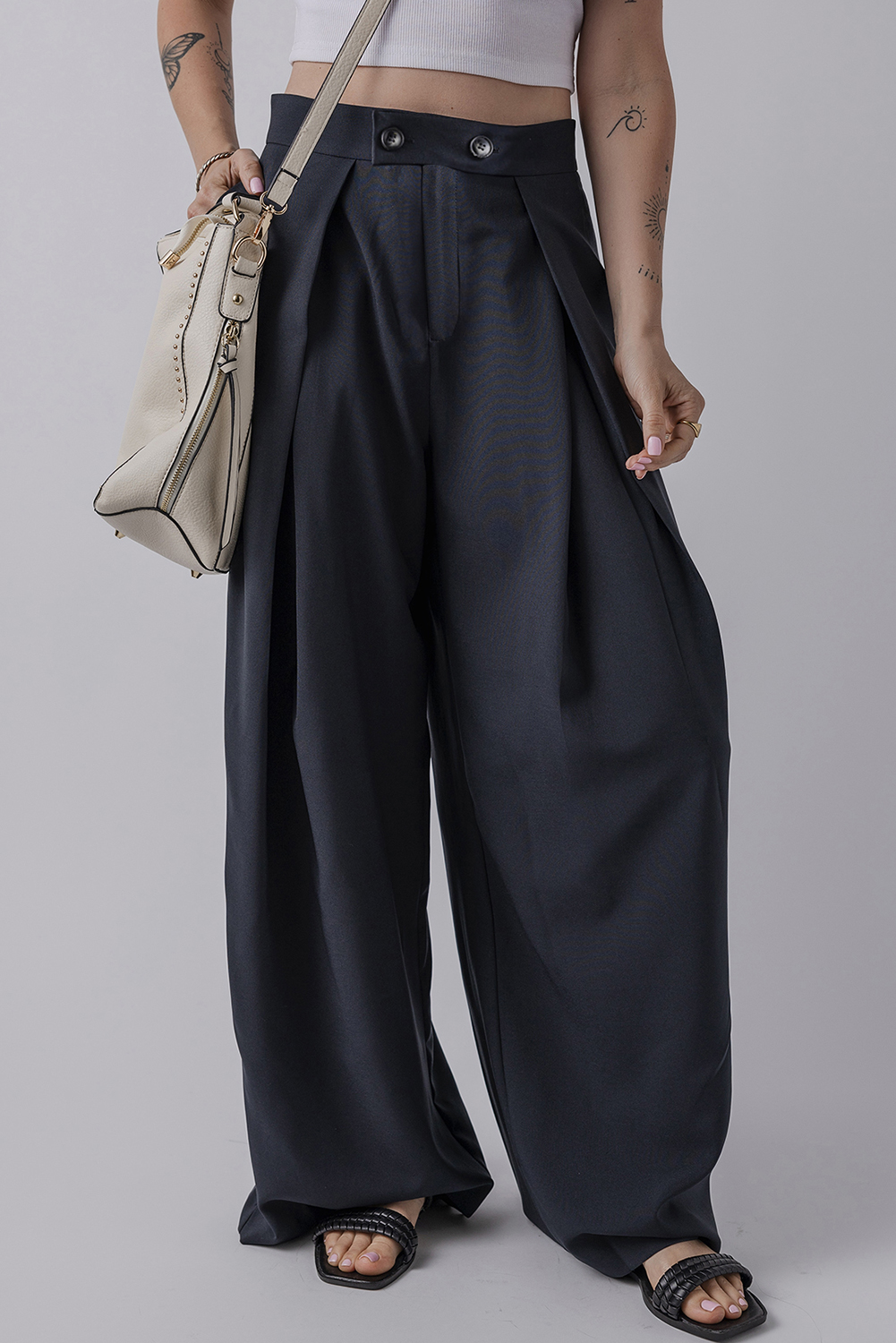 Dirty blue Dual Buttoned High Waist Pleated Wide Leg Pants - loveforevers