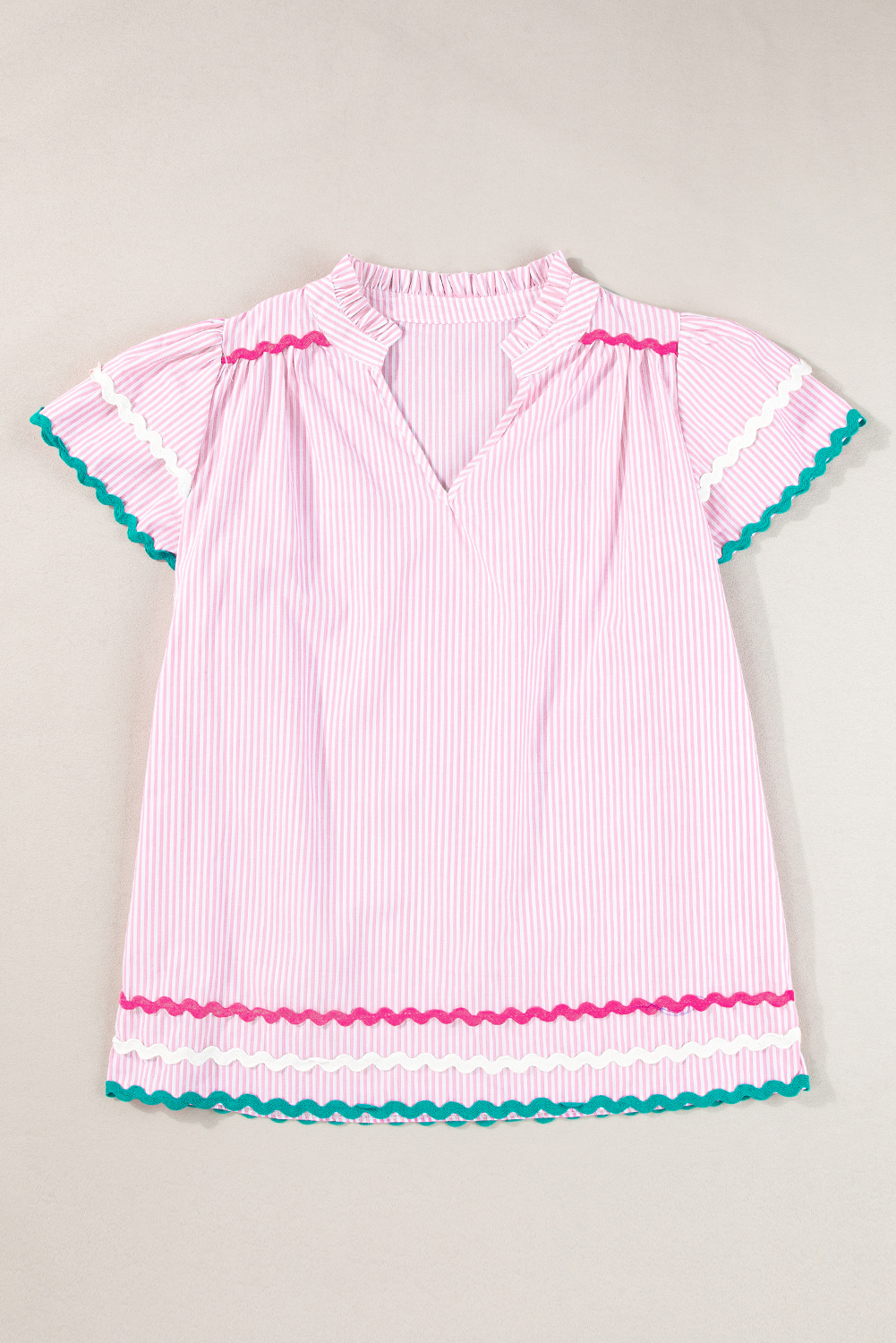 Sky Blue Stripe Ricrac Trim Split Neck Striped Ruffled Sleeve Blouse - loveforevers