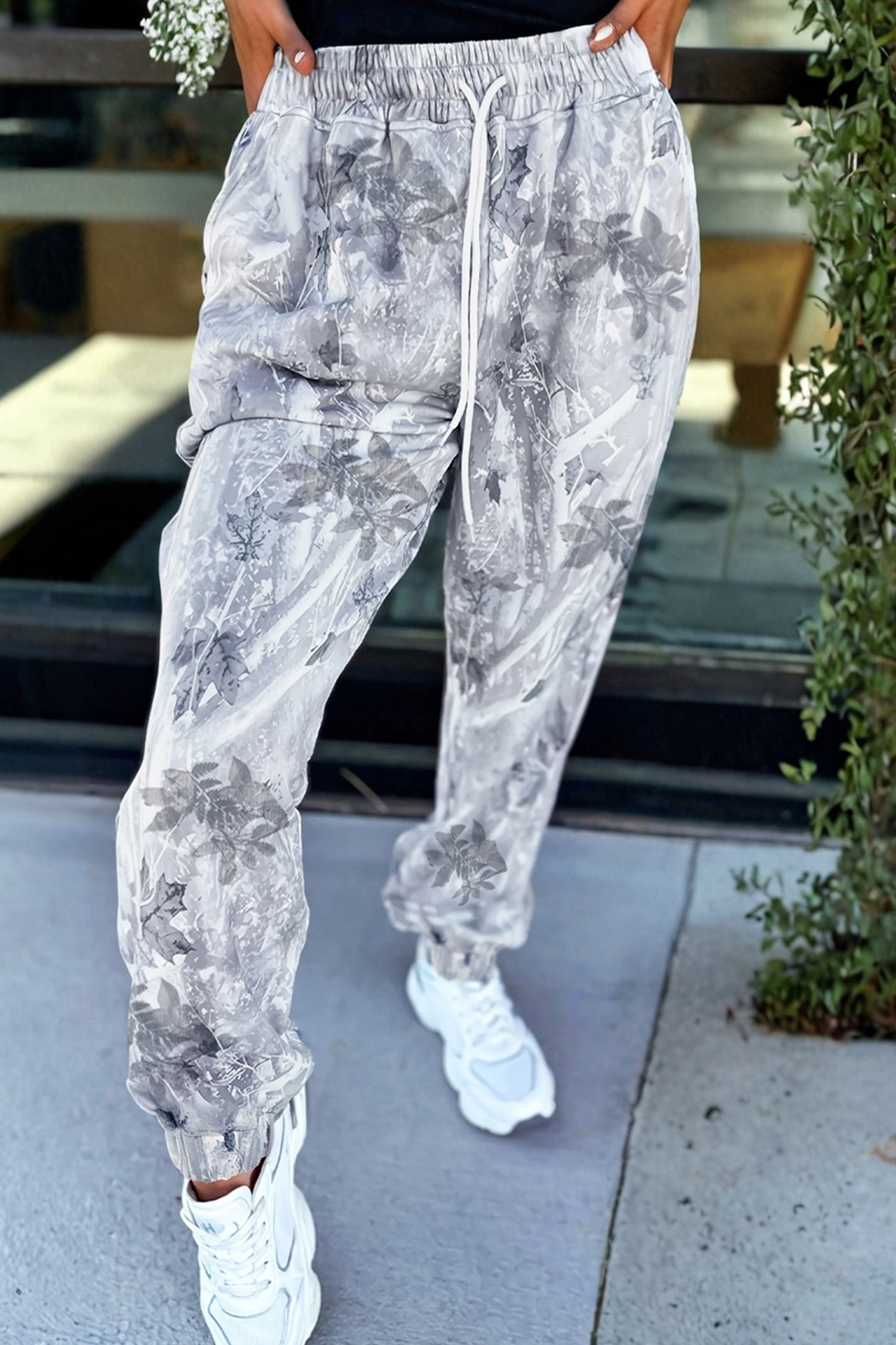 Gray Camo Print Cozy Drawstring Elastic Waist Jogger Pants - loveforevers