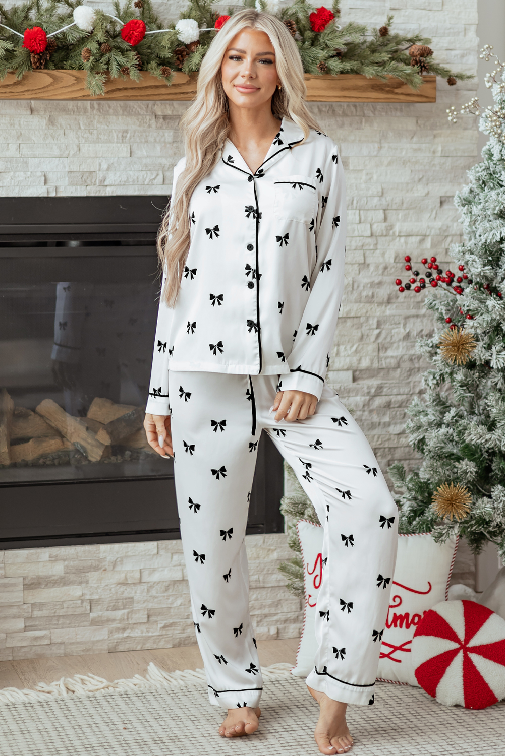 White Bows Print Two Piece Sleepwear - loveforevers