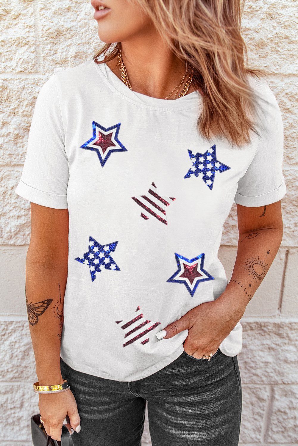 White USA Sequin Stars Patched Casual T Shirt - loveforevers