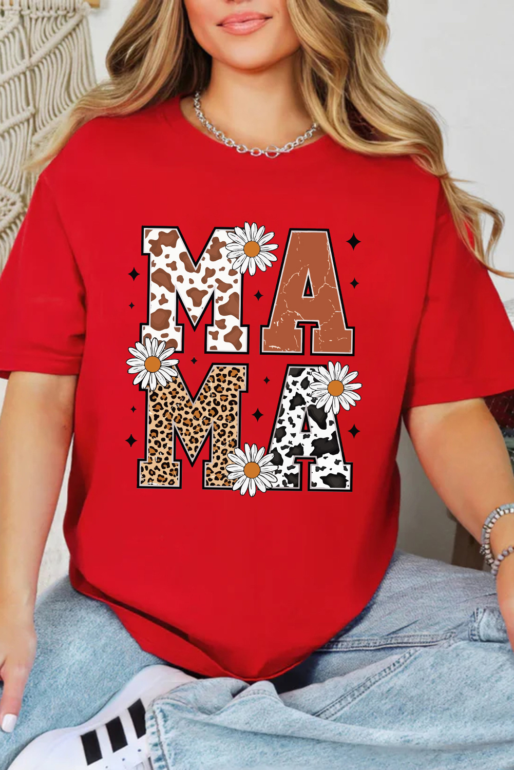 Red Western Animal Spots MAMA Letter Daisy Flower Printed Tee - loveforevers