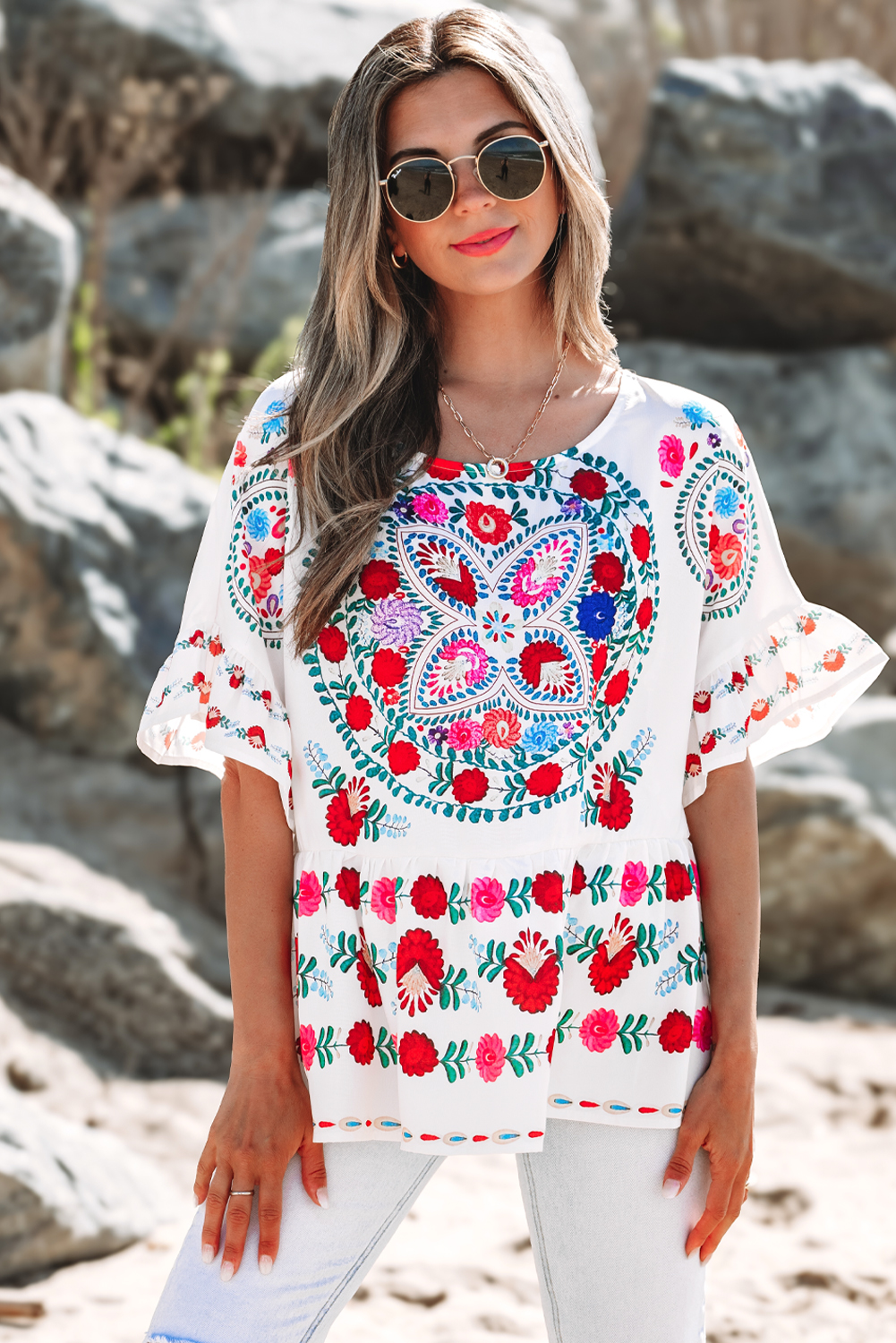 White Boho Floral Print Round Neck Ruffle Trim Blouse - loveforevers