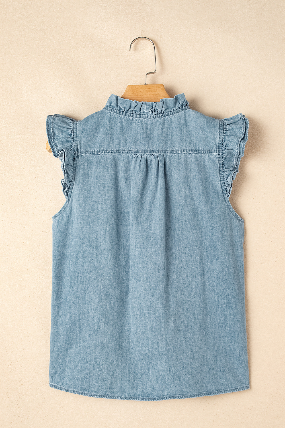 Beau Blue Frilly Ruffle Trim V Neck Chambray Tank Top - loveforevers