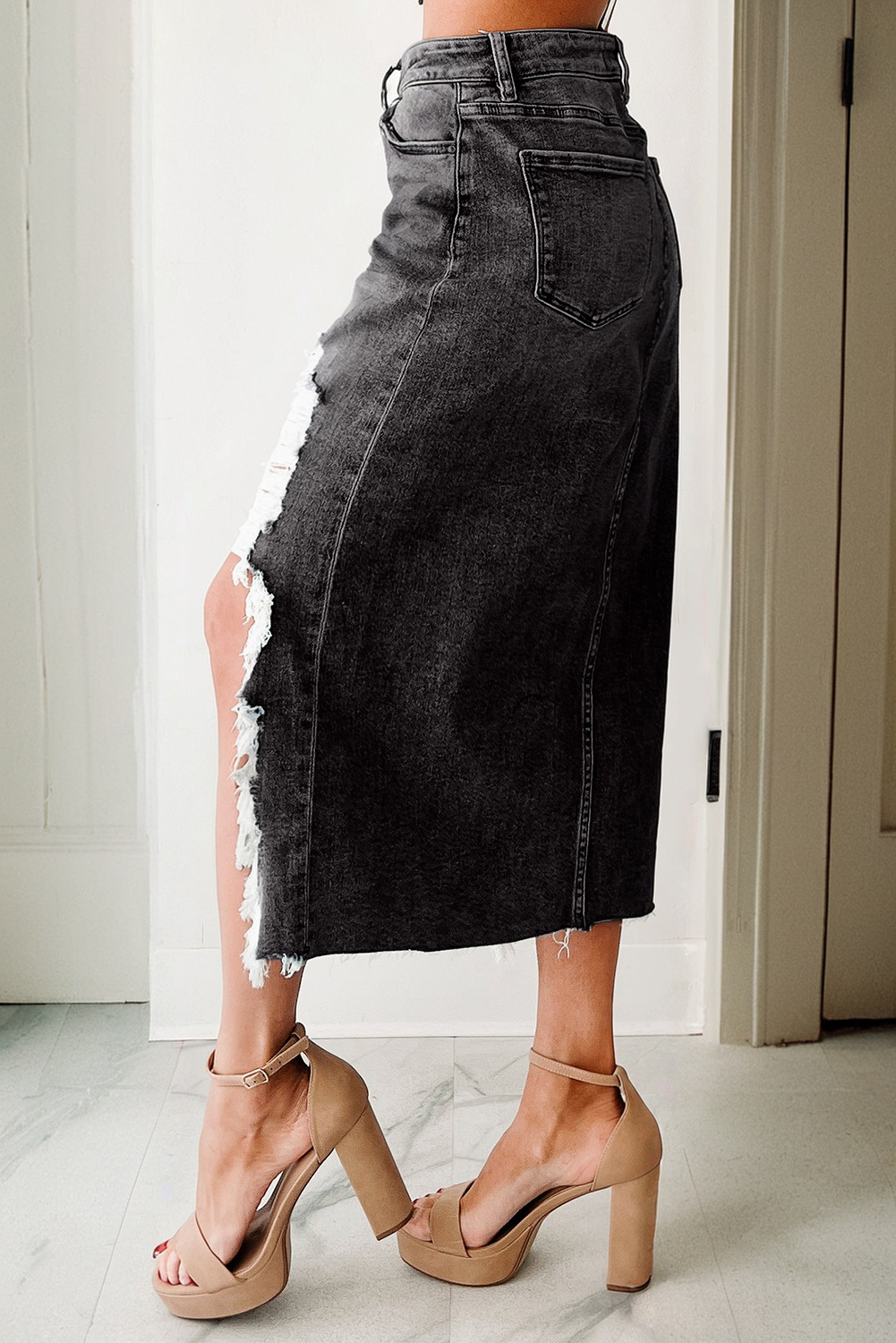 Sail Blue Dearlove Irregular Distressed Bottom Denim Midi Skirt - loveforevers