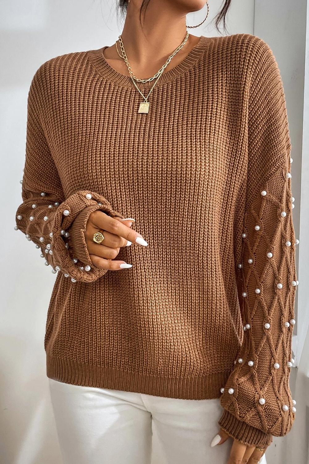 Chestnut Beaded Drop Shoulder Round Neck Sweater - loveforevers