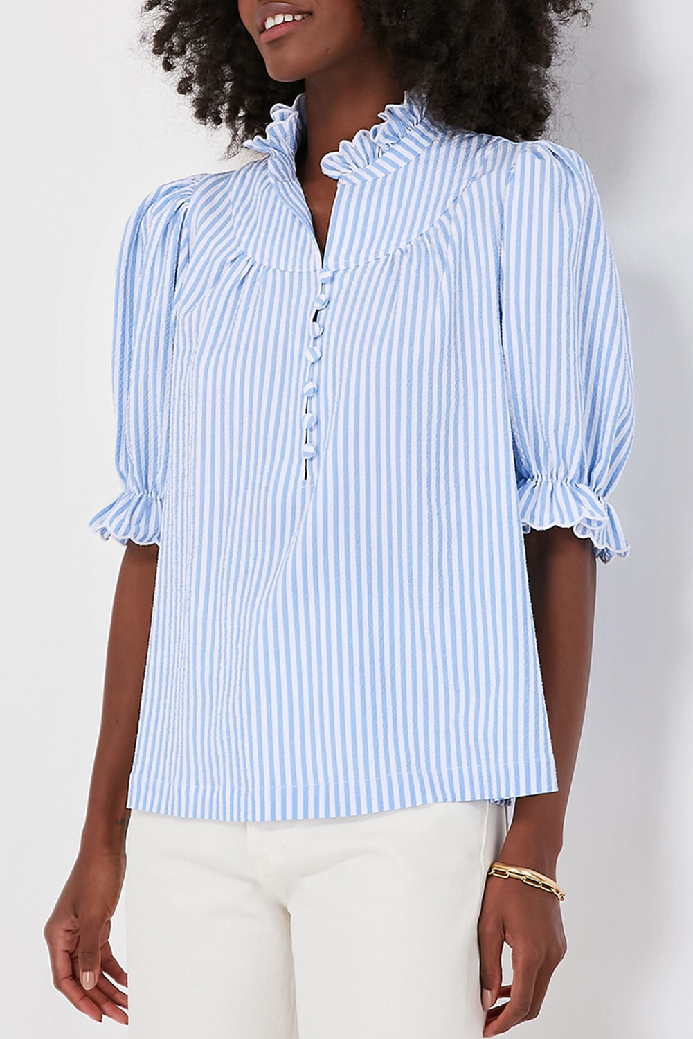 Sky Blue Stripe Ruffled Collar Puff Sleeve Half Buttons Blouse - loveforevers