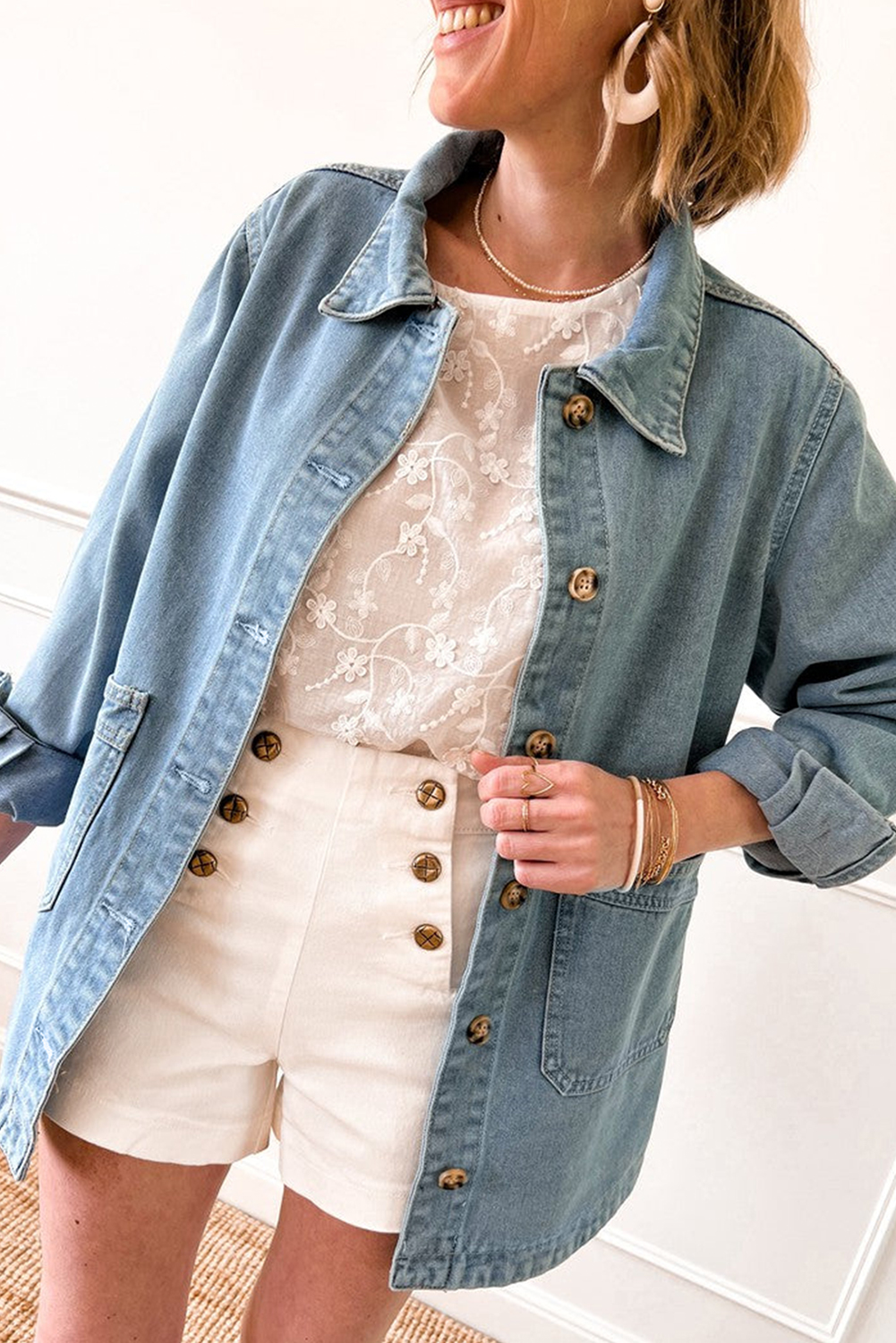 Dusk Blue Slit Buttons Pocketed Denim Jacket - loveforevers