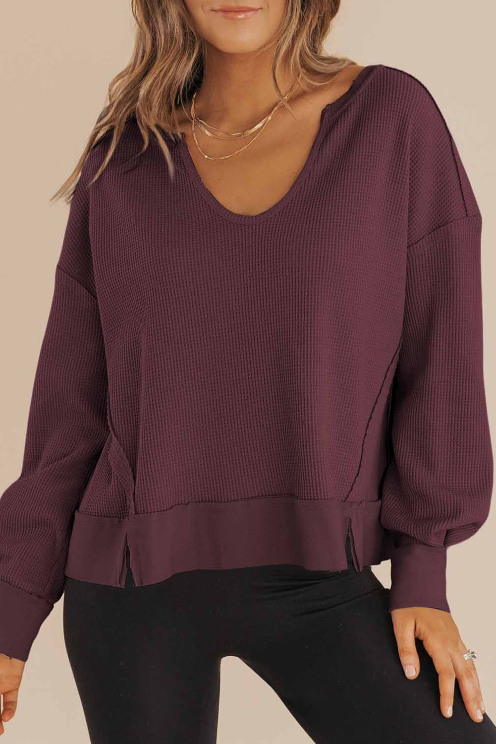 Dark Brown Waffle Knit Notched V Neck Drop Shoulder Solid Sweatshirt - loveforevers