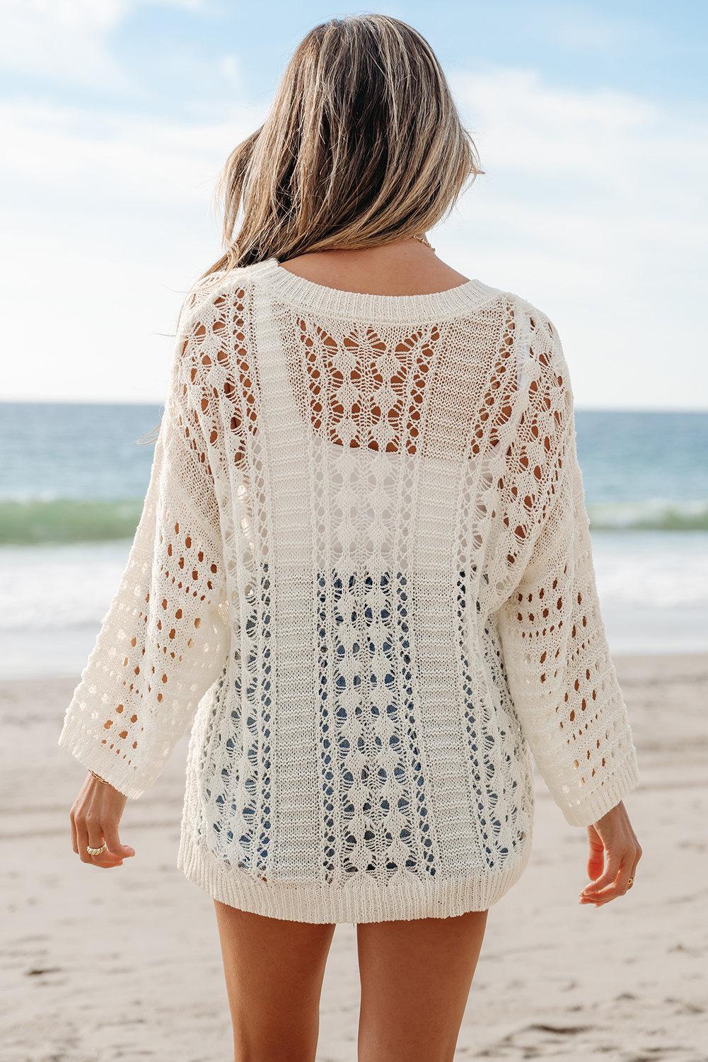 White Hollow Out Knit Bracelet Sleeve Drop Shoulder Sweater - loveforevers