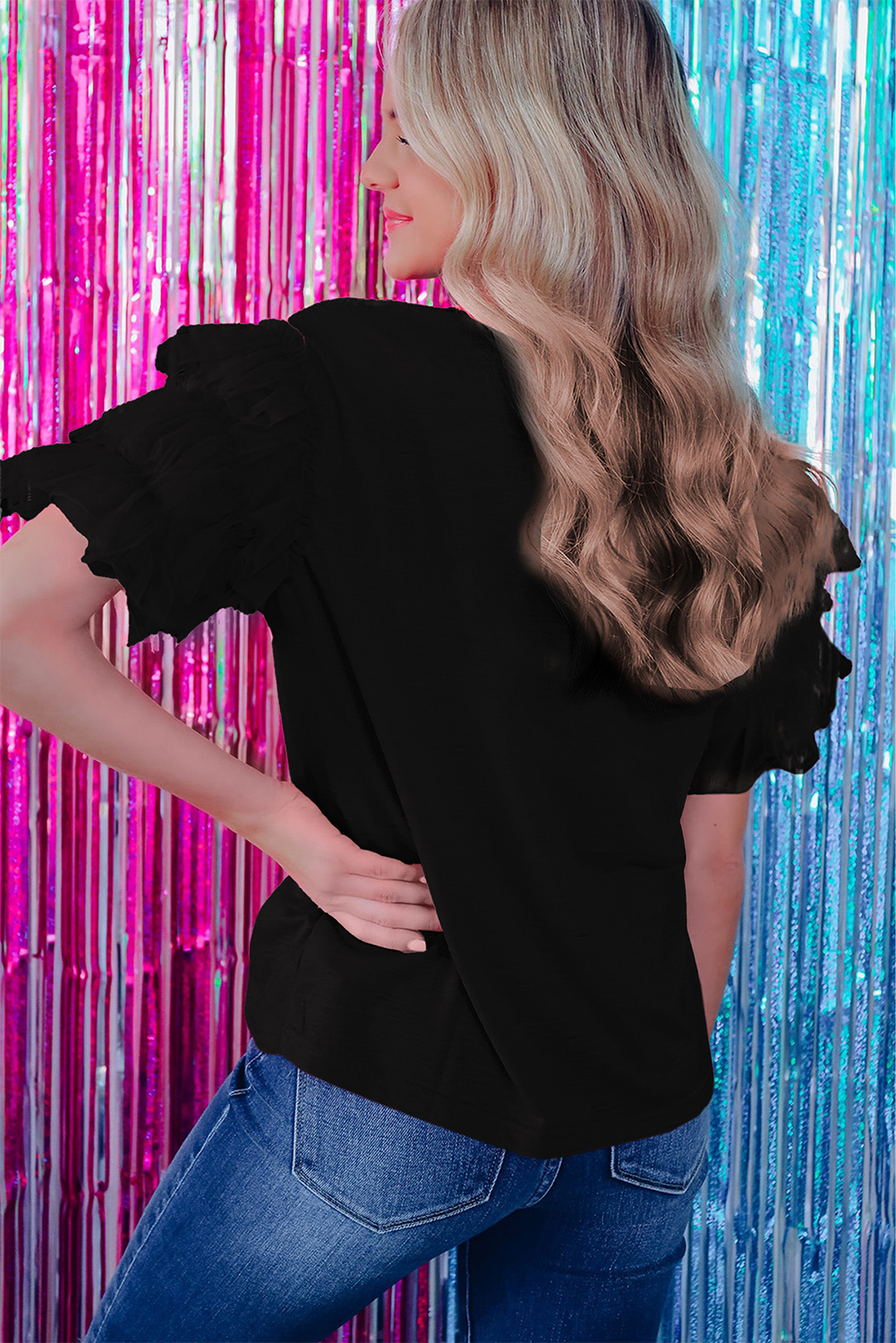 Dark Green Tulle Ruffle Sleeve Blouse - loveforevers