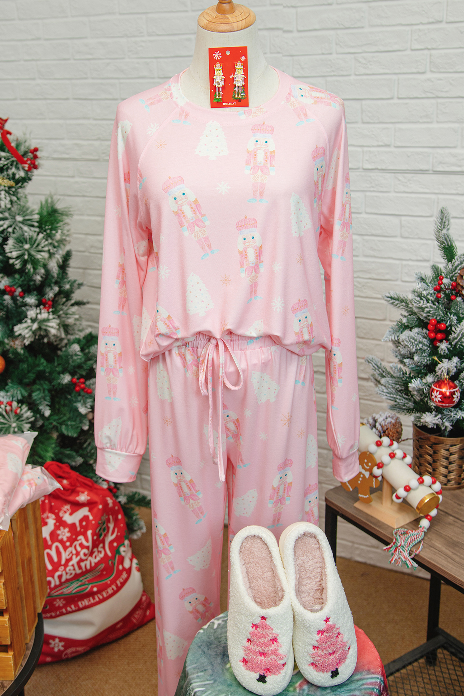 Pink Christmas Tree Nutcracker Print 2pcs Lounge Pant Set - loveforevers