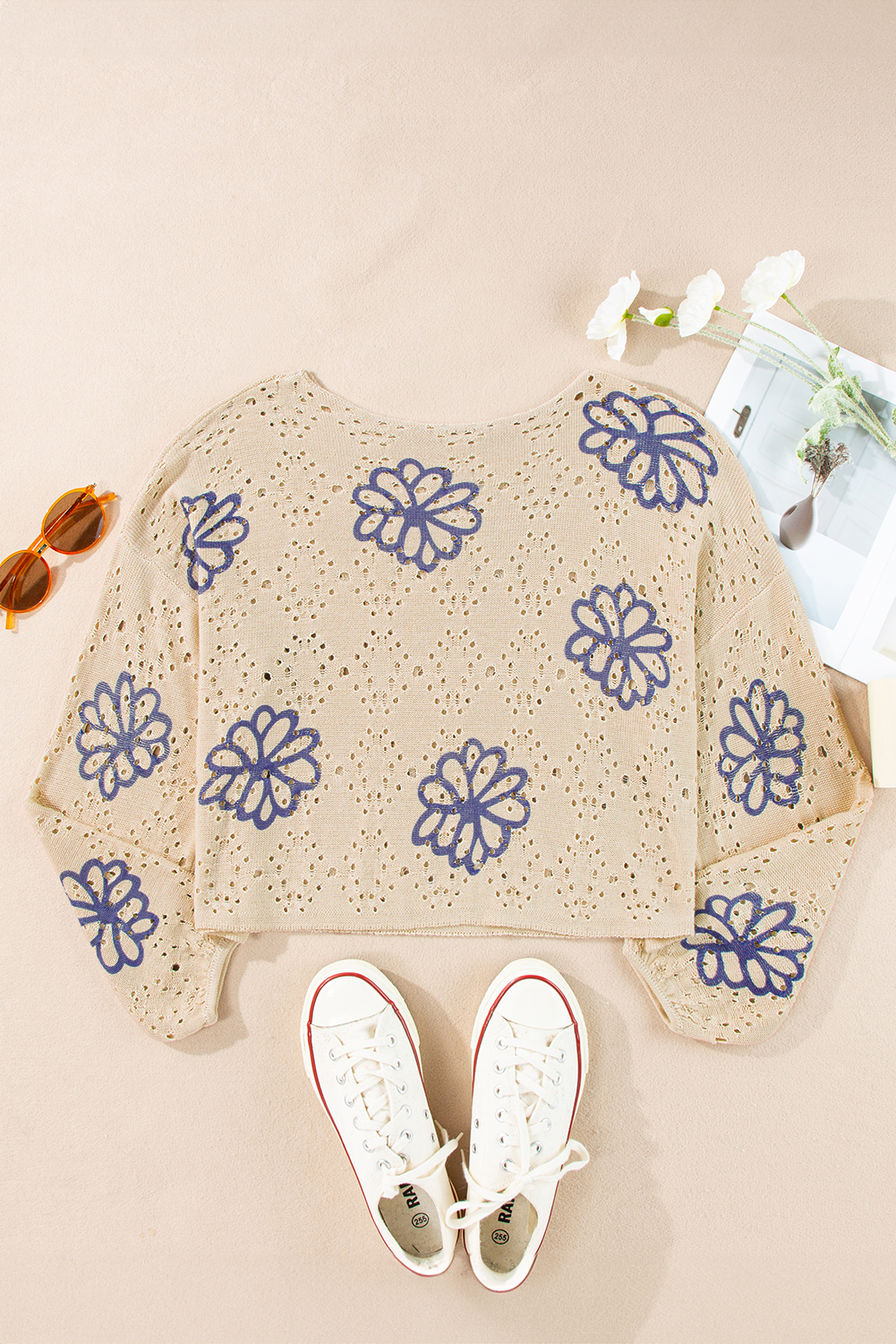 Beige Contrast Flower Print Eyelet Drop Shoulder Sweater - loveforevers