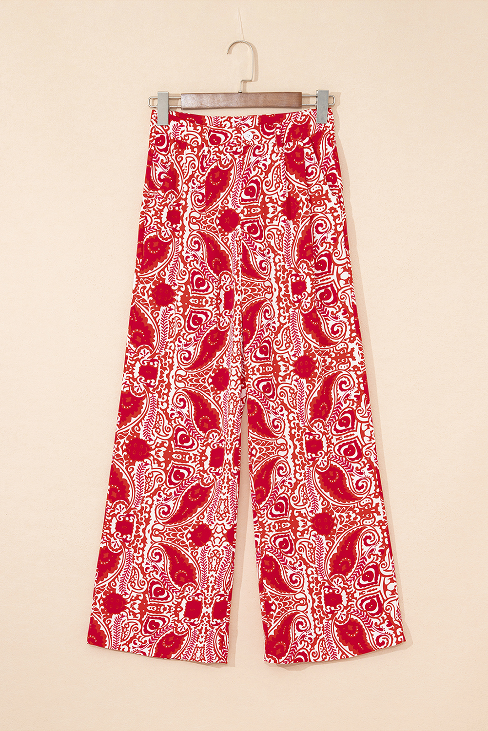 Red Paisley Printed Buttoned High Waist Straight Leg Pants - loveforevers