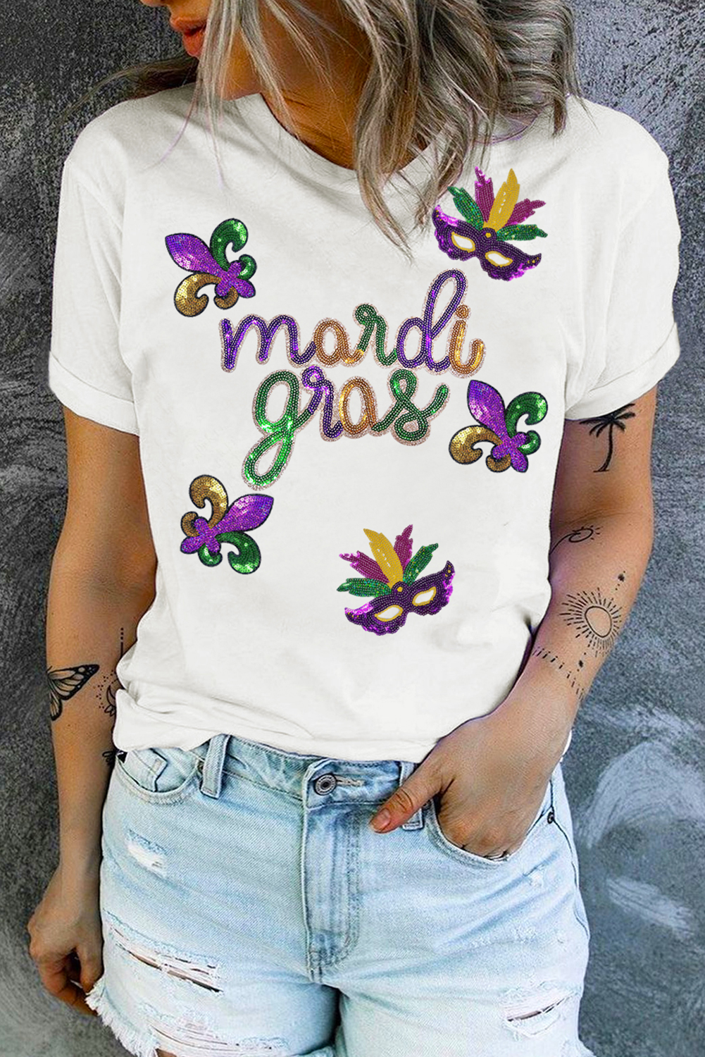 White Sequin Mardi Gras Pattern Graphic Crew Neck Tee - loveforevers