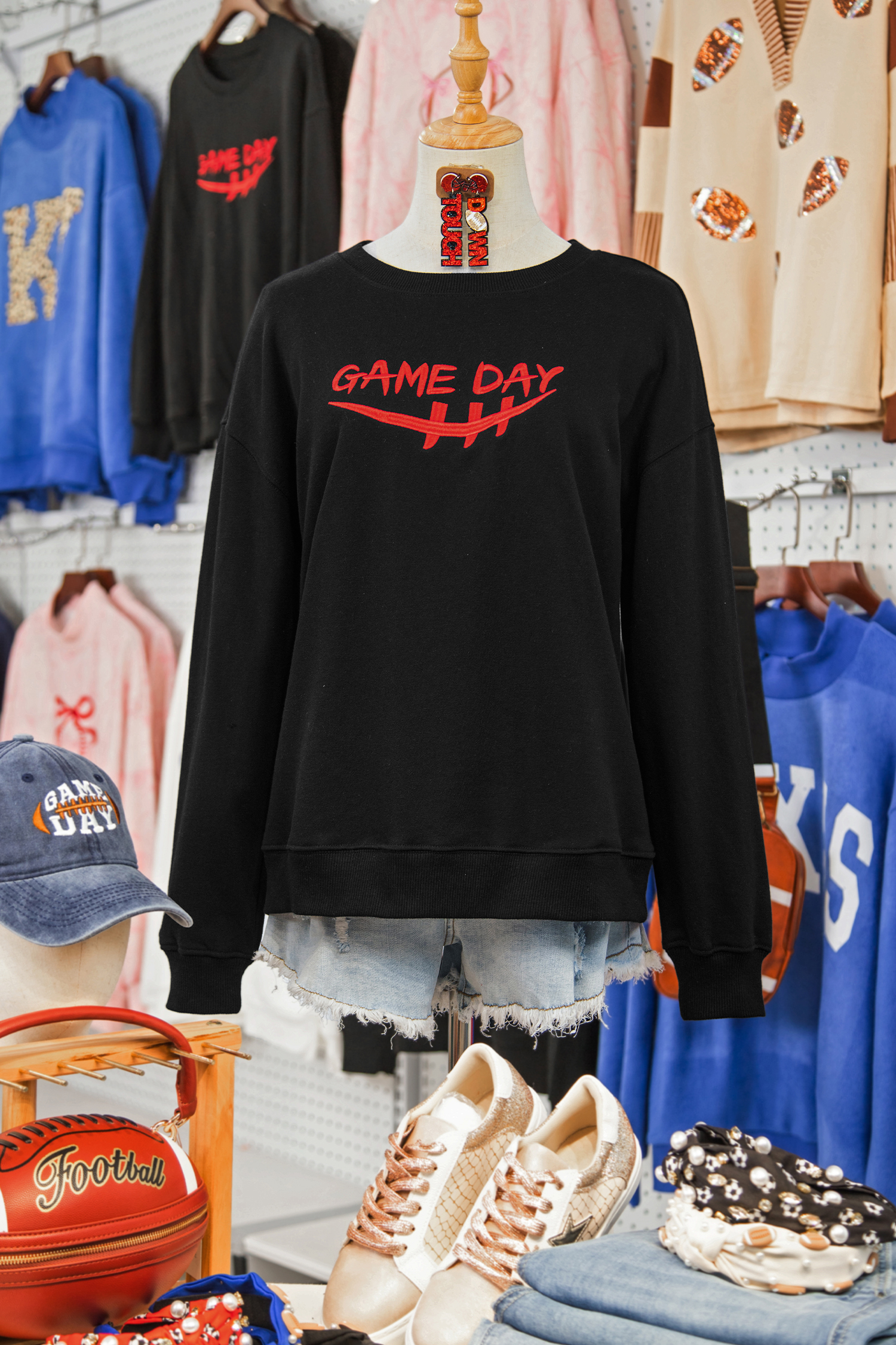 Black GAME DAY Embroidered Graphic Casual Pullover Sweatshirt - loveforevers