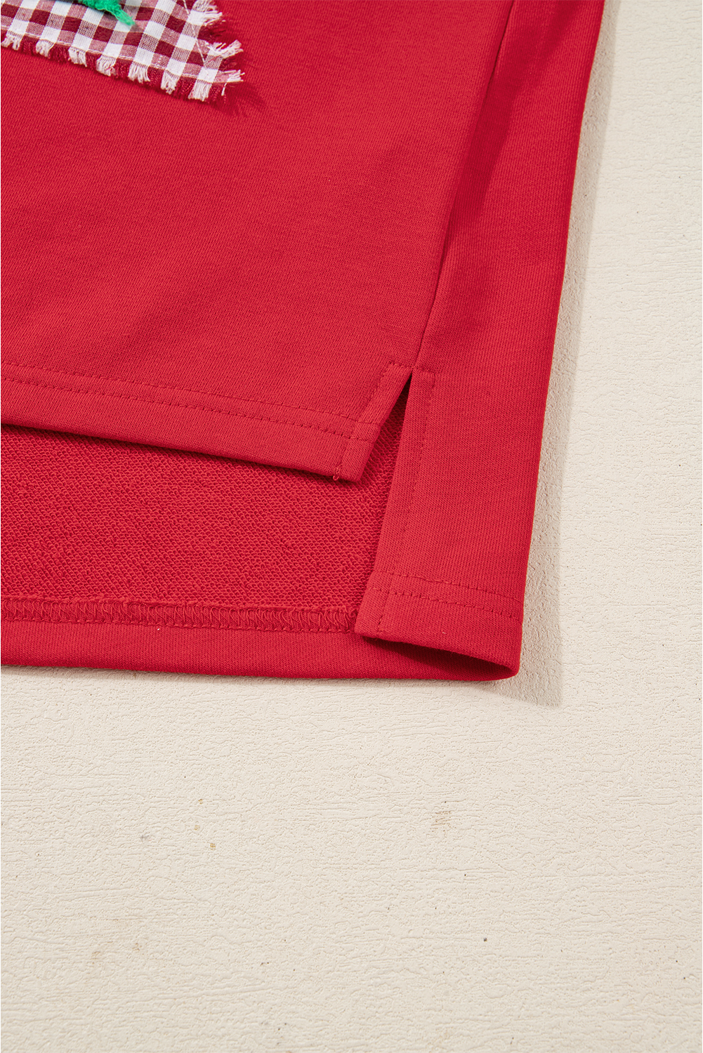 Fiery Red Plaid Frayed Double Christmas Tree Patched Drop Shoulder Sweatshirt - loveforevers