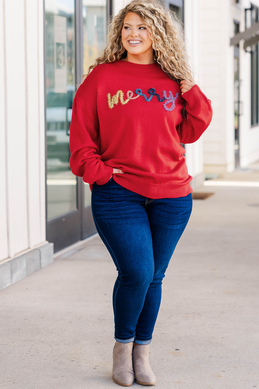 Fiery Red Tinsel Merry Letter Drop Shoulder Baggy Sweater - loveforevers