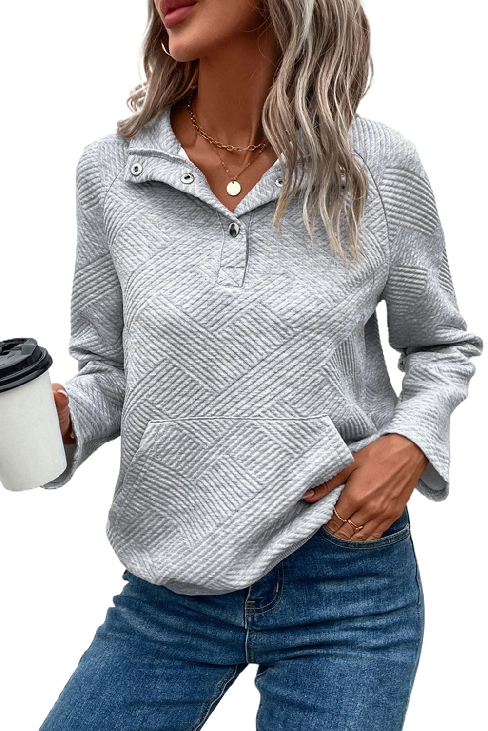 Apricot  Asymmetric Buttons Detail High Neck Textured Sweatshirt - loveforevers