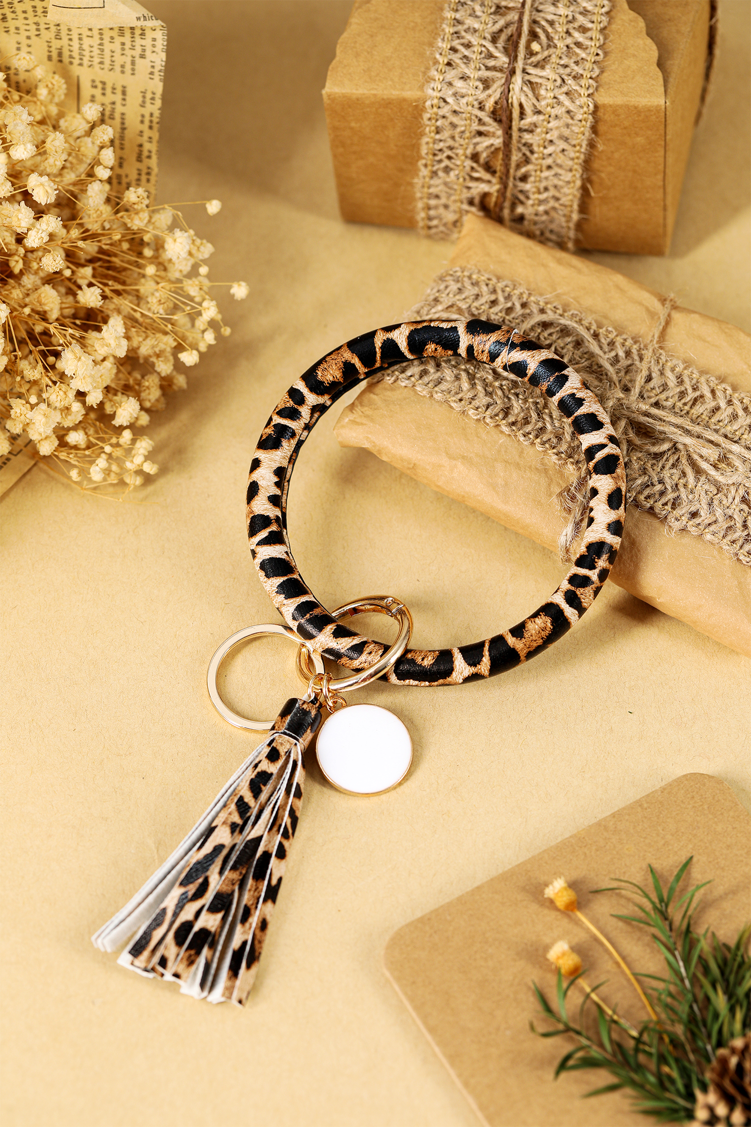 Parchment Leopard PU Leather Tassel Key Chain Bangle Bracelet - loveforevers