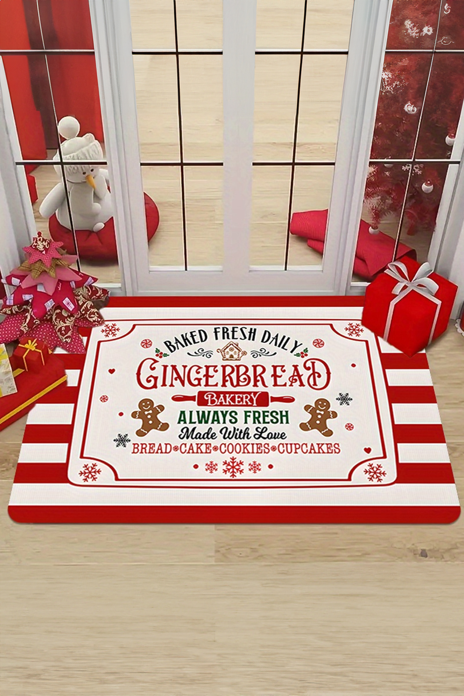 Fiery Red Candy Cane Stripe Gingerbread Print Christmas Crystal Velvet Door Mat - loveforevers