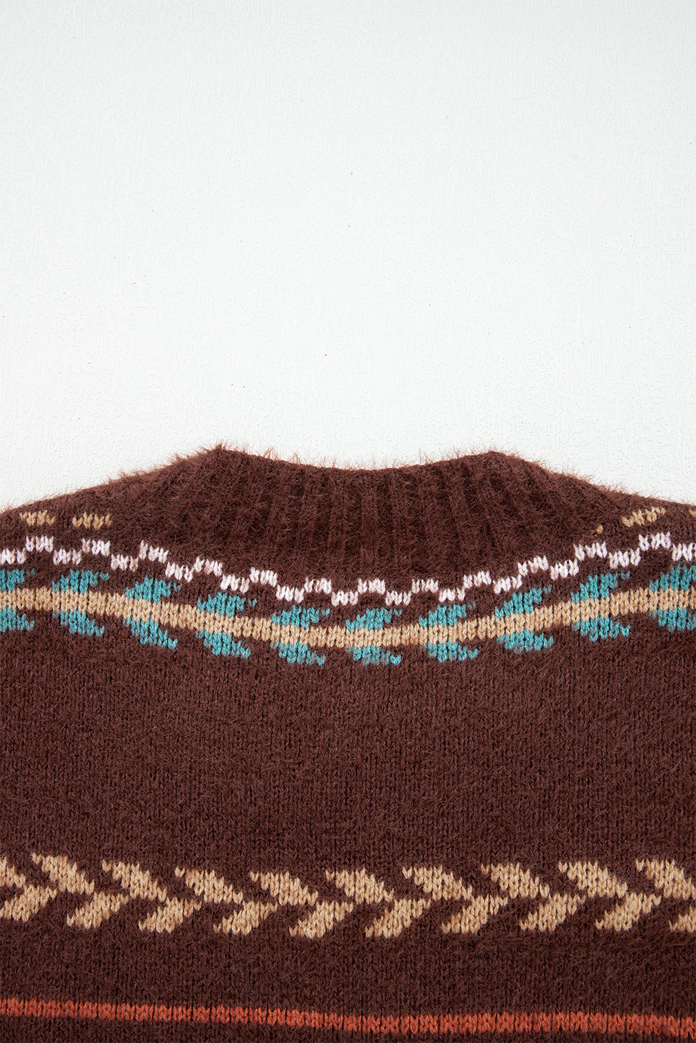 Brown Ethnic Pattern Mohair Knitted Drop Shoulder Sweater - loveforevers