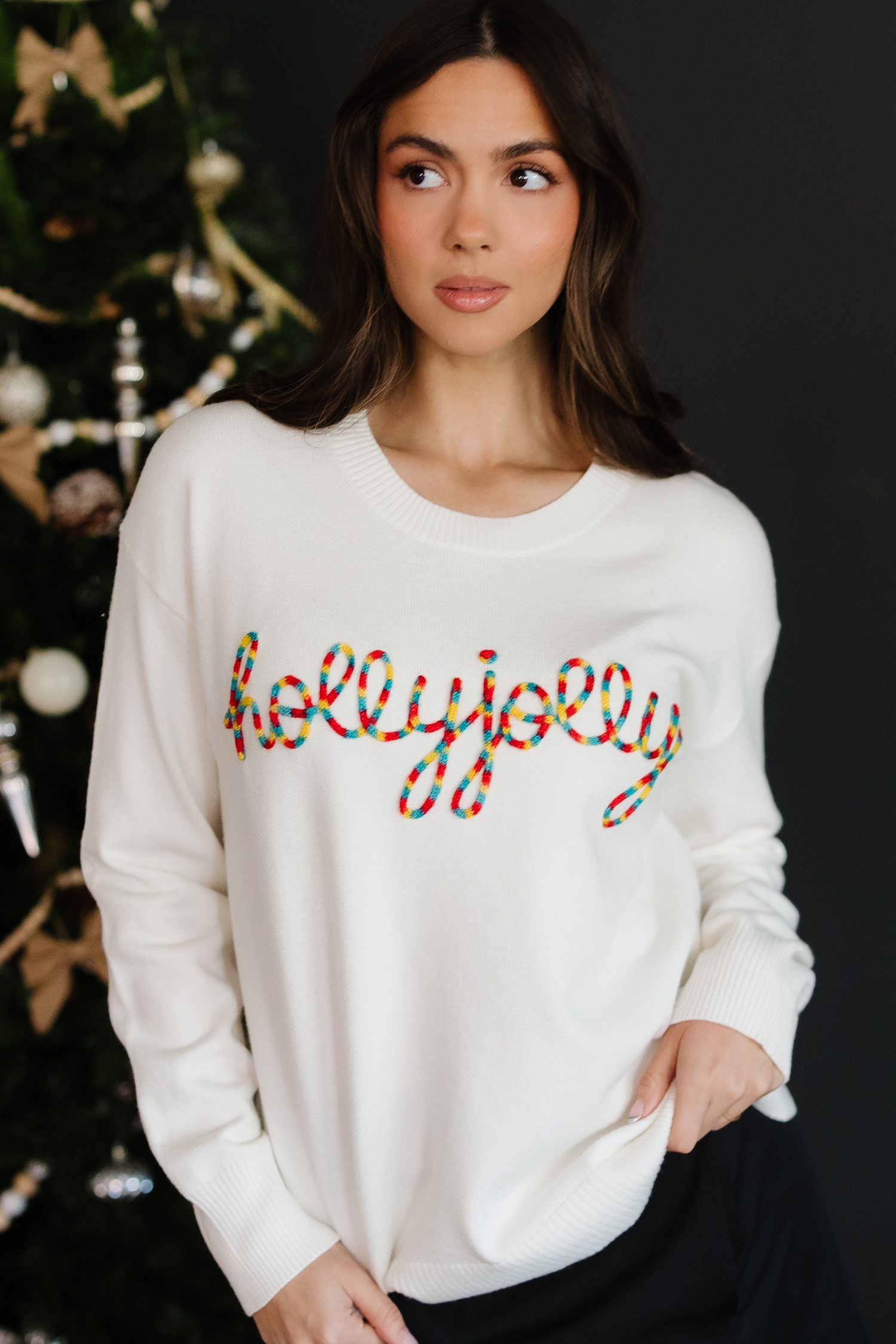 Beige Colorful Holly Jolly Christmas Knit Loose Sweater - loveforevers