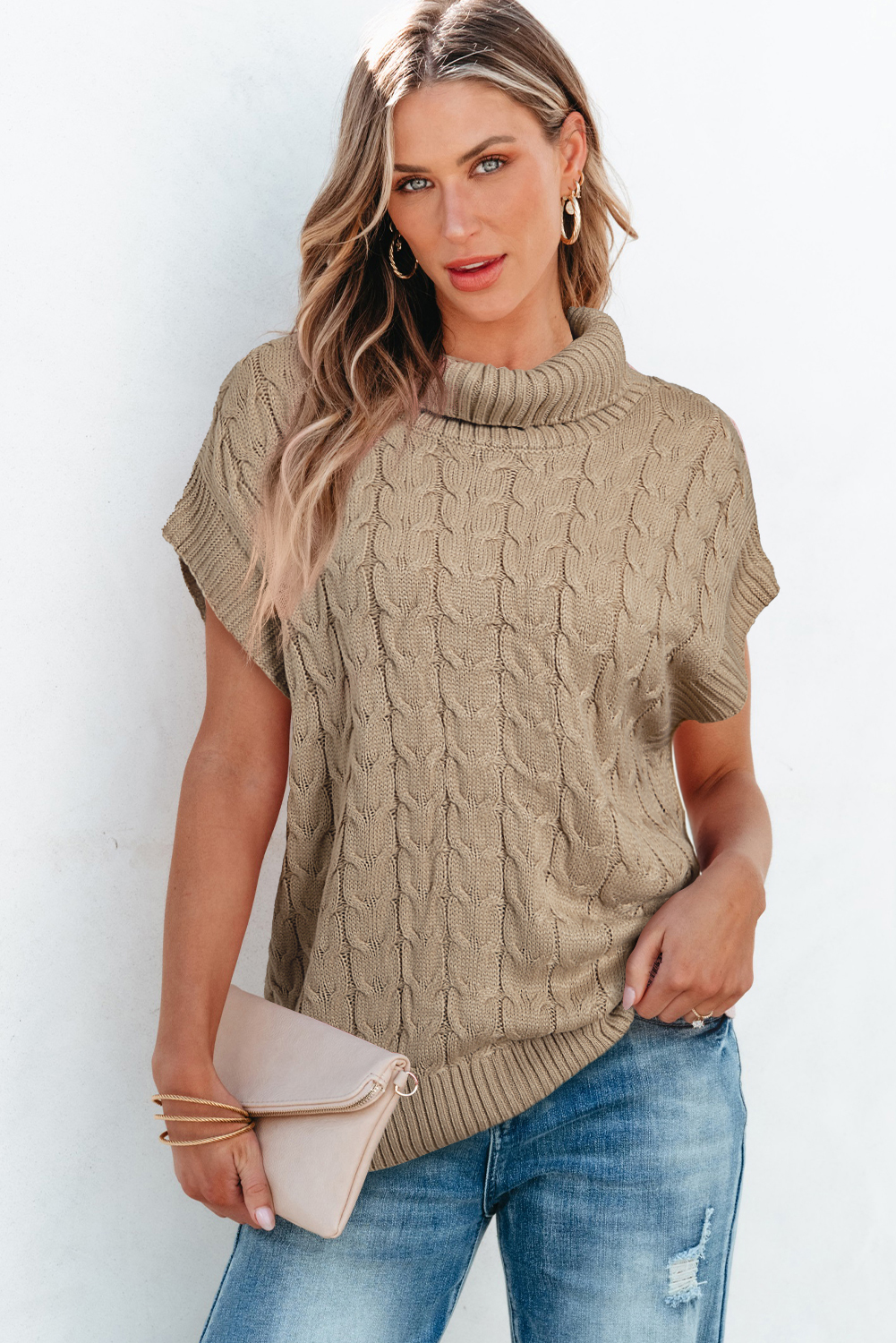 Medium Grey Cable Knit Turtleneck Batwing Sleeve Sweater - loveforevers