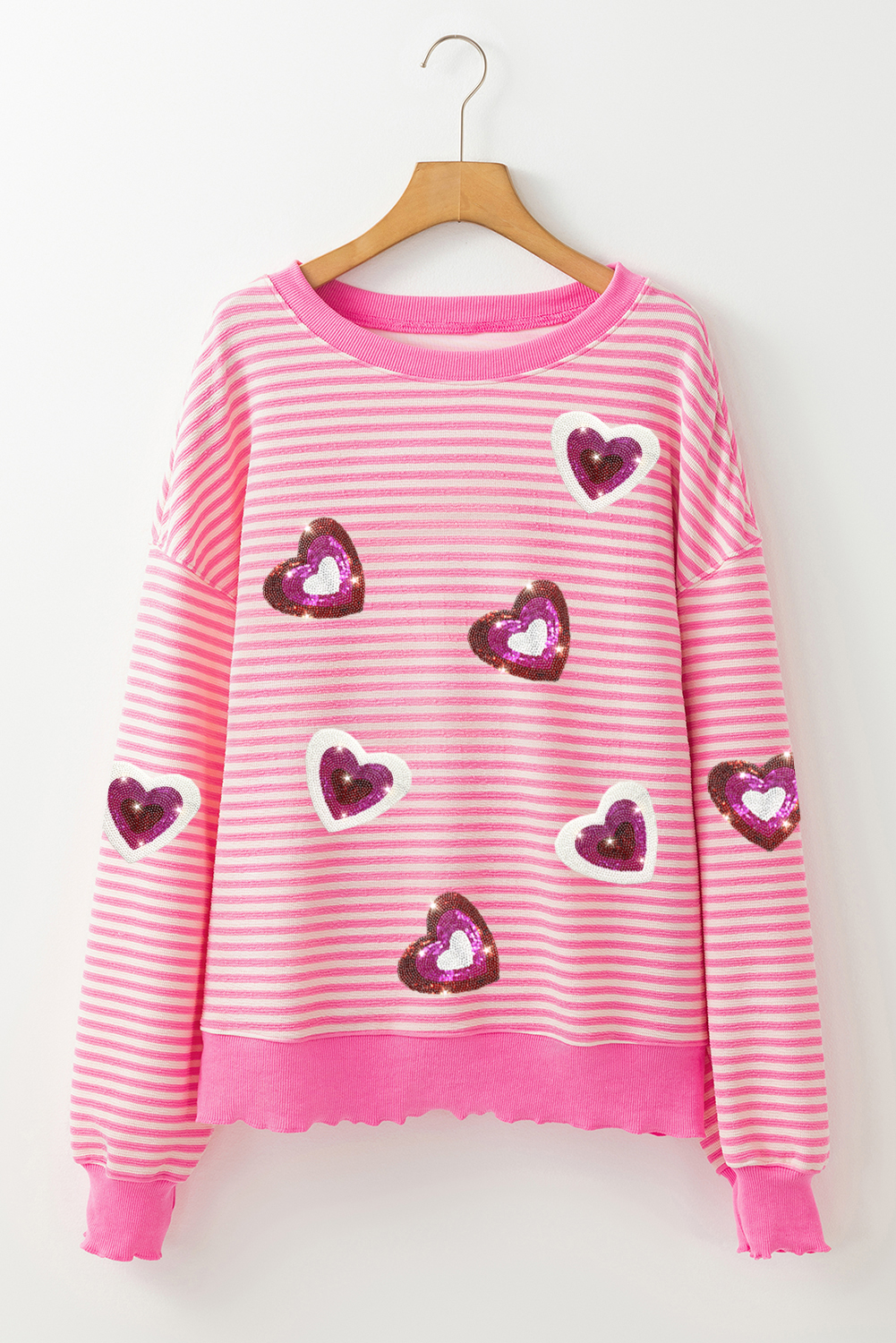 Pink Stripe Sequin Heart Patched Pattern Long Sleeve Valentines Top - loveforevers