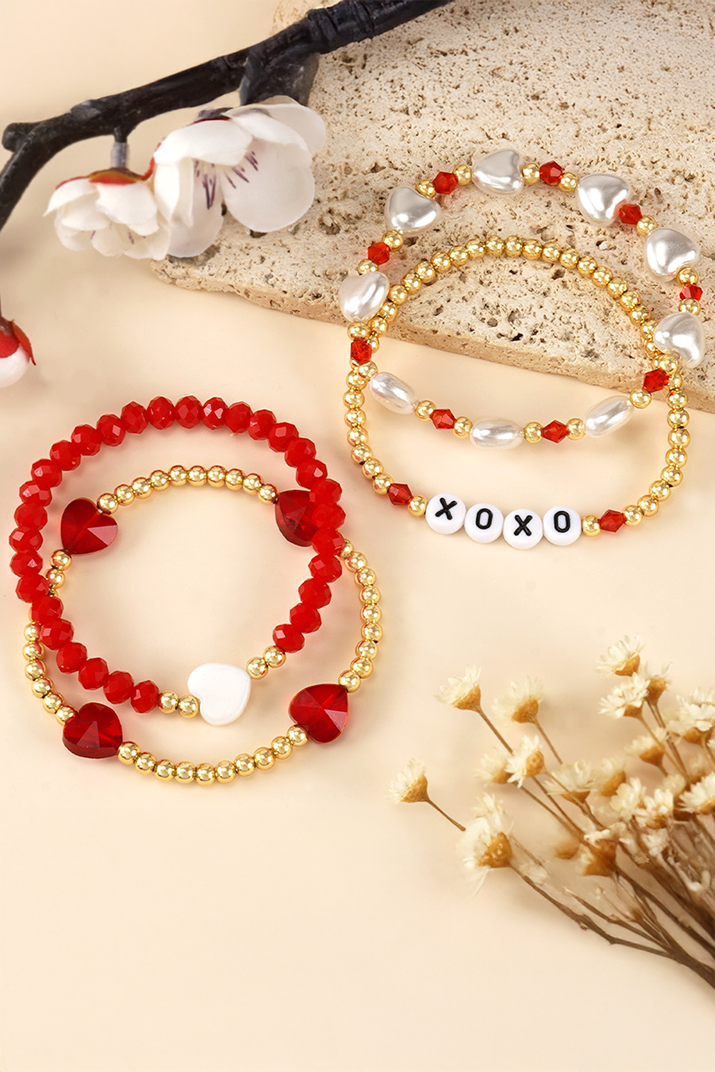Fiery Red XOXO Heart Beaded 4pcs Layered Bracelet - loveforevers