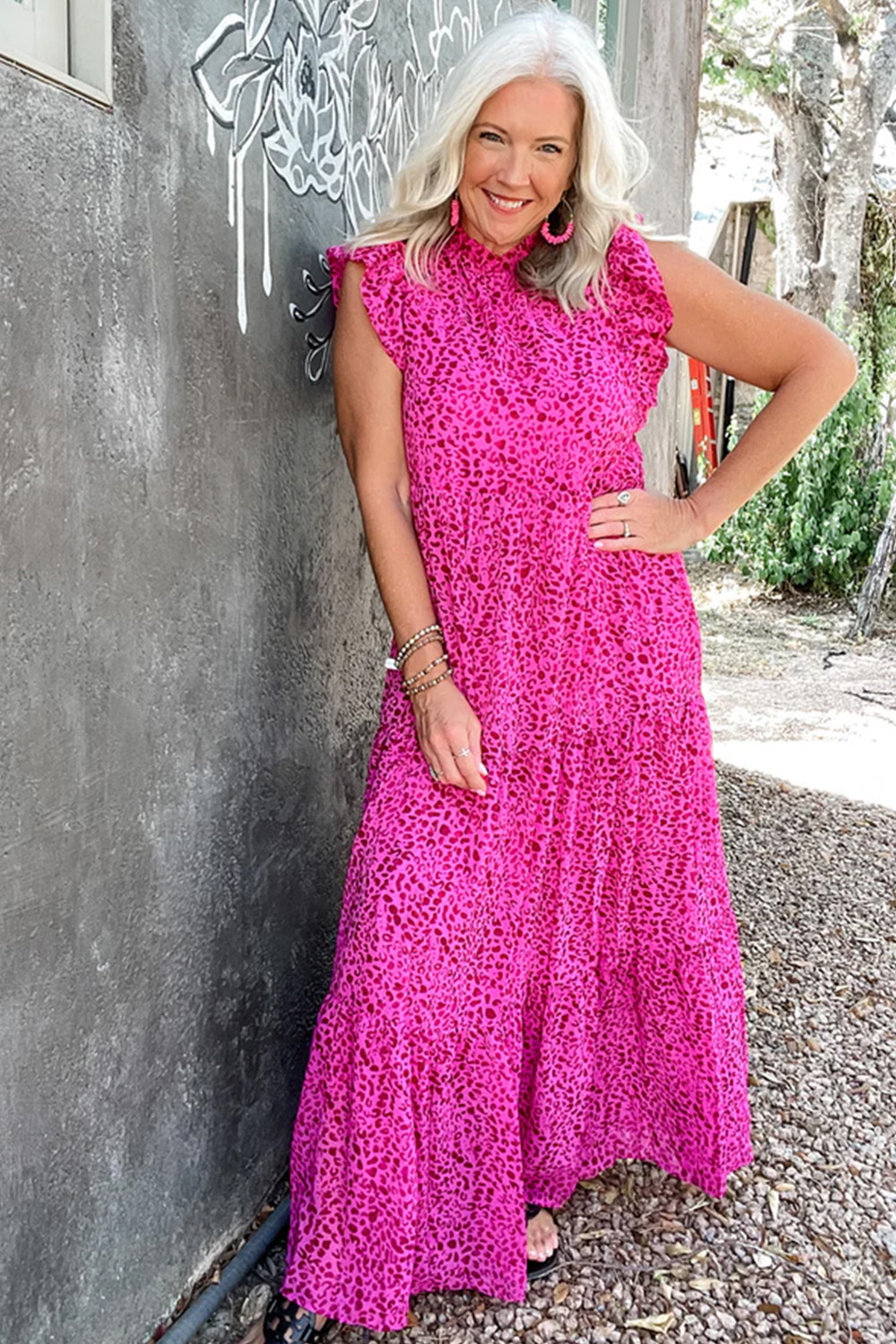 Rose Red Leopard Print Ruffled Trim Tiered Maxi Dress - loveforevers