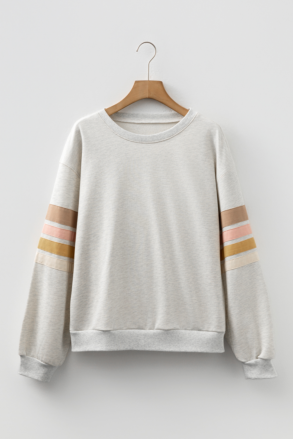Beige Striped Drop Shoulder Round Neck Pullover and Jogger Pants Active Outfit - loveforevers